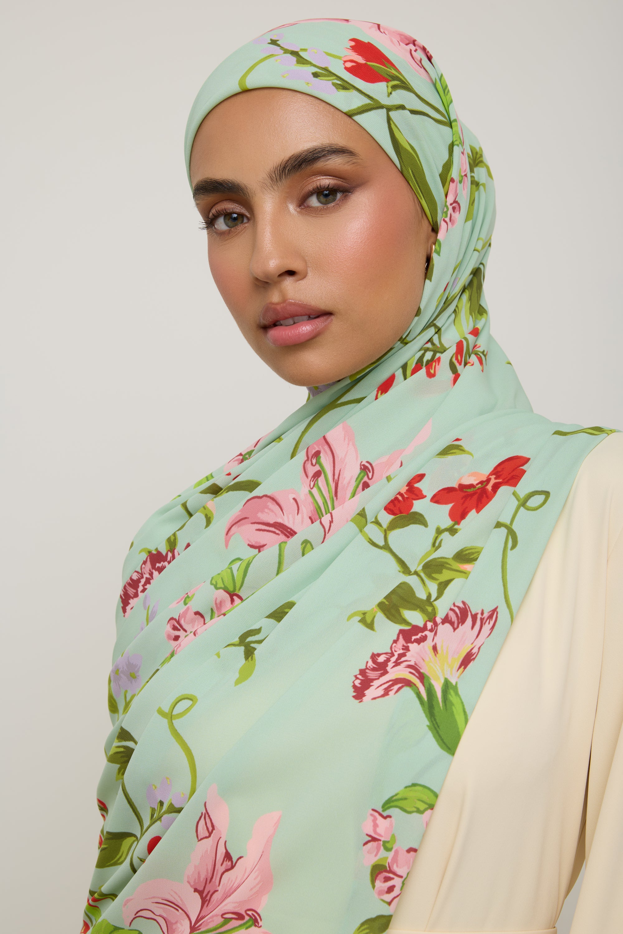 Printed Chiffon Hijab - Pastel Green Floral