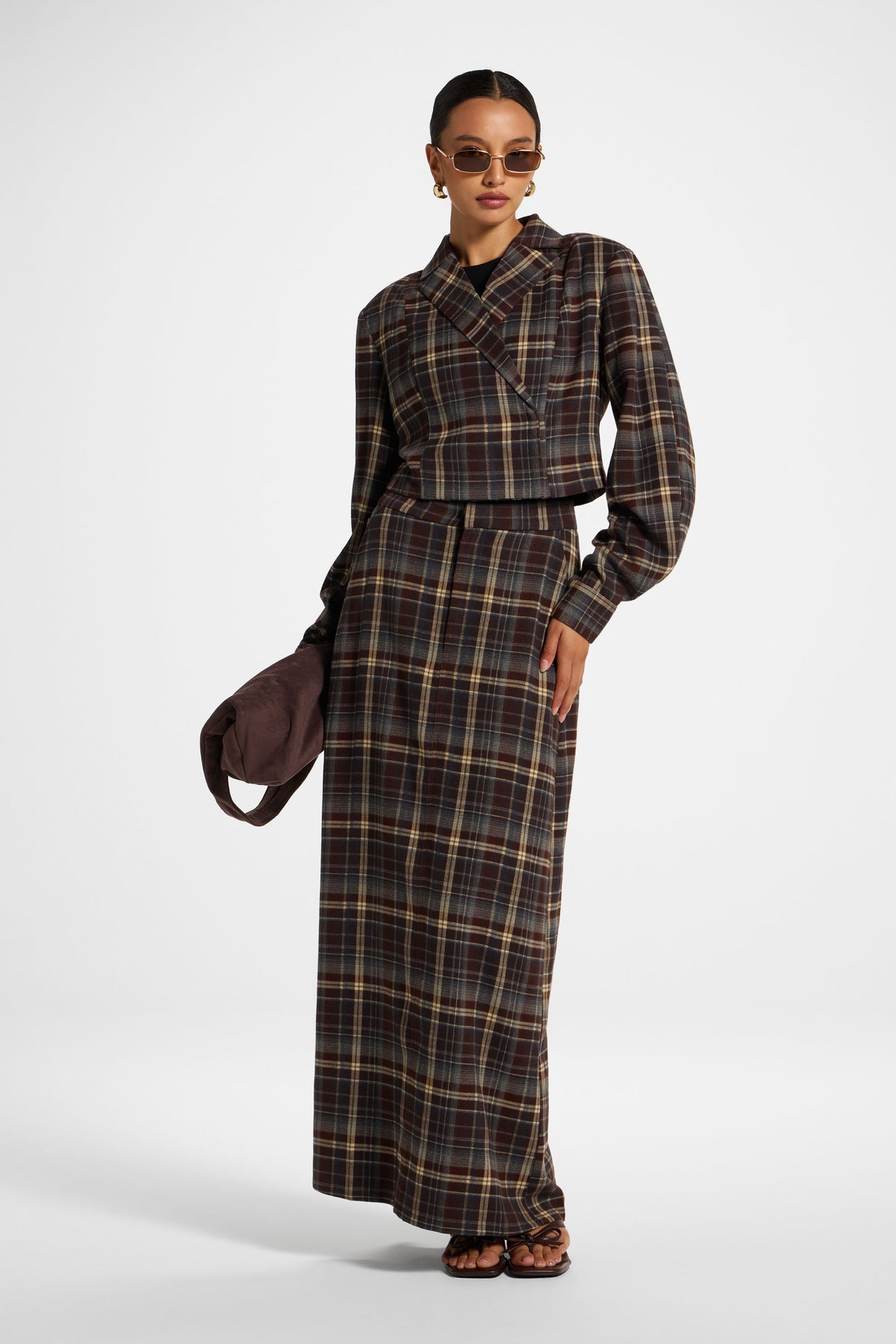 Brushed Plaid Maxi Skirt - Midnight Espresso