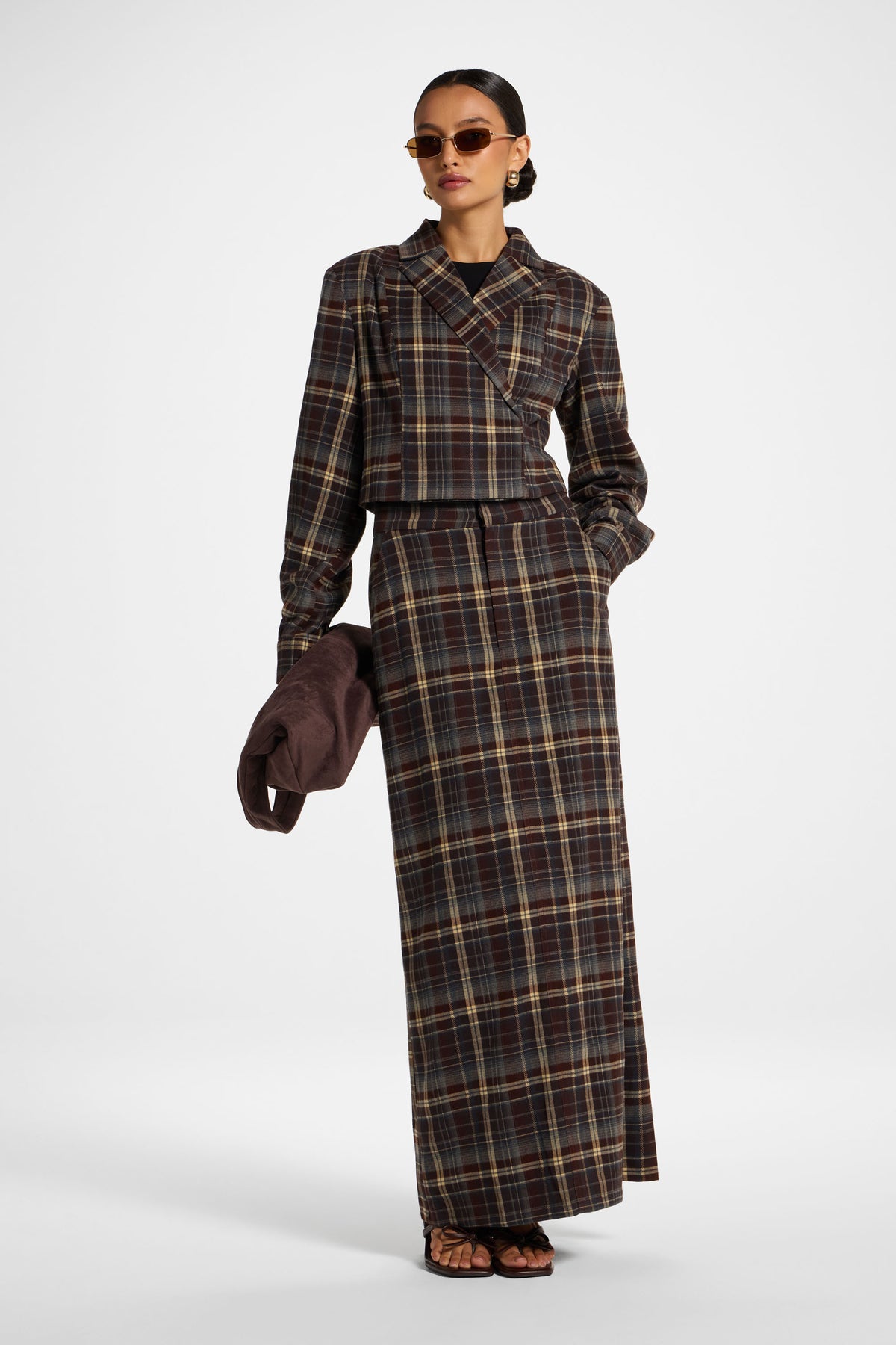 Brushed Plaid Maxi Skirt - Midnight Espresso