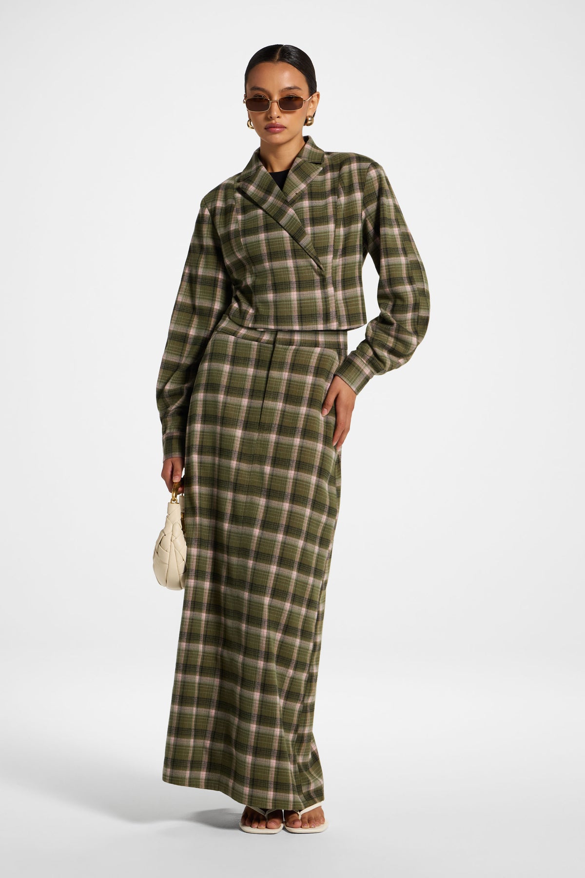 Brushed Plaid Maxi Skirt - Olive Rose