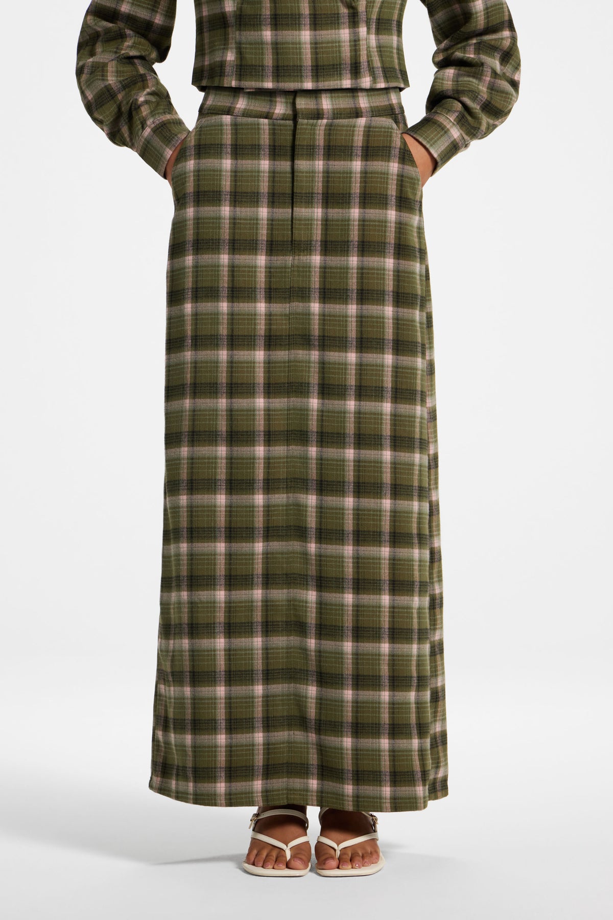 Brushed Plaid Maxi Skirt - Olive Rose
