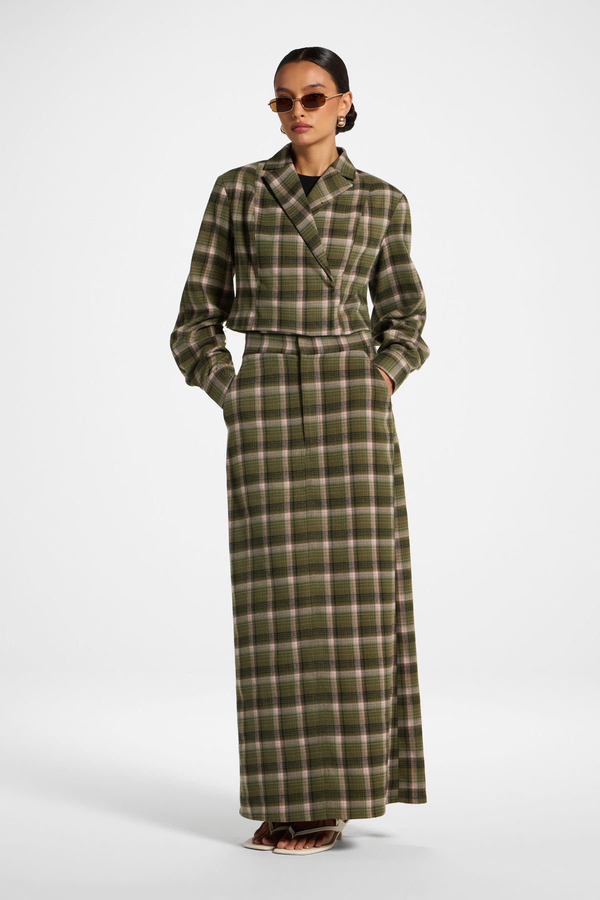 Brushed Plaid Maxi Skirt - Olive Rose