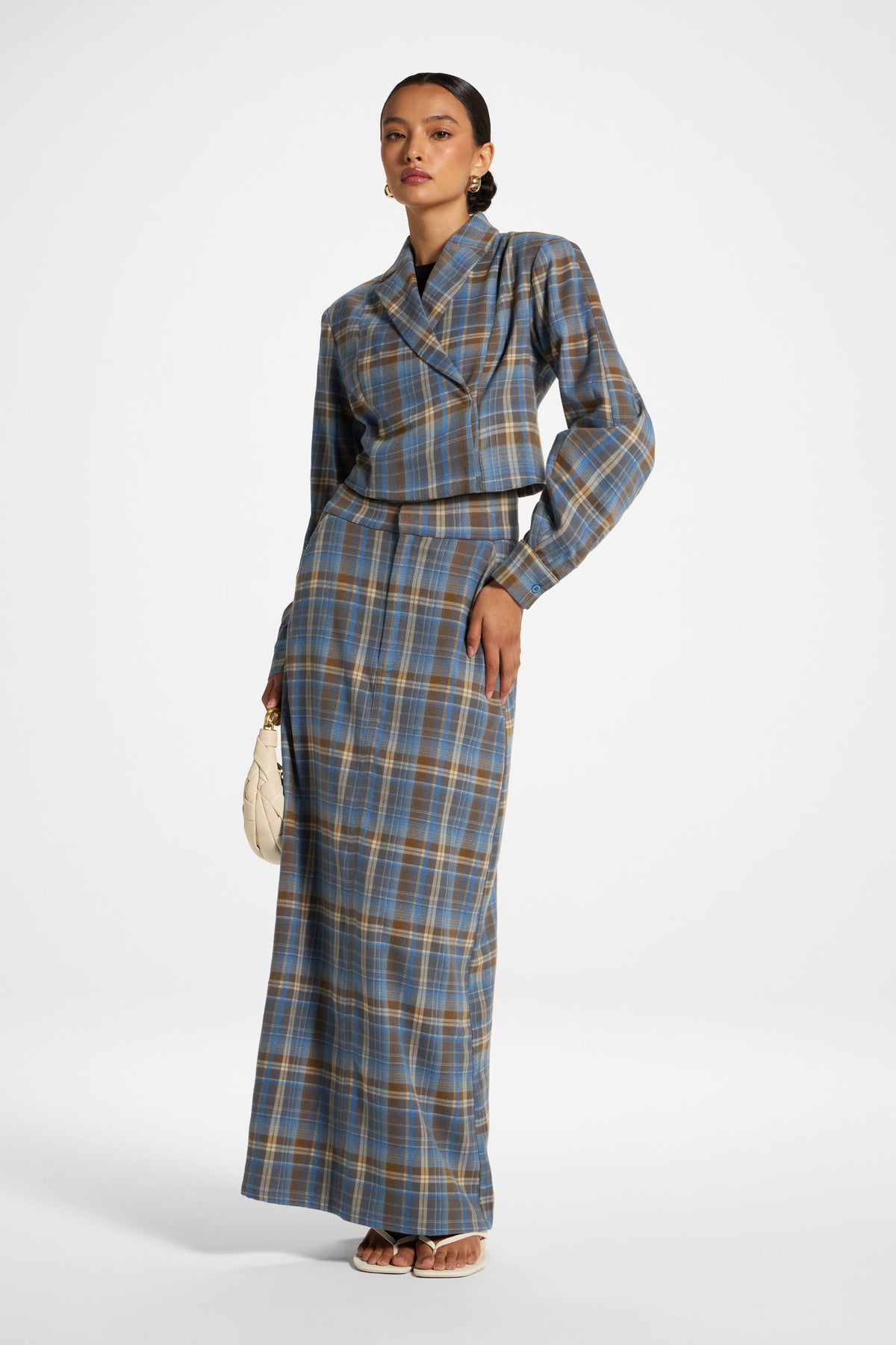 Brushed Plaid Maxi Skirt - Sky