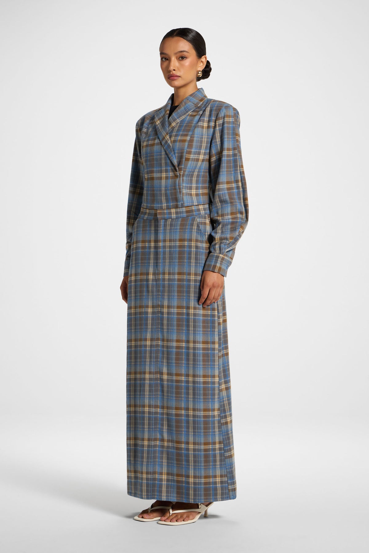 Brushed Plaid Maxi Skirt - Sky