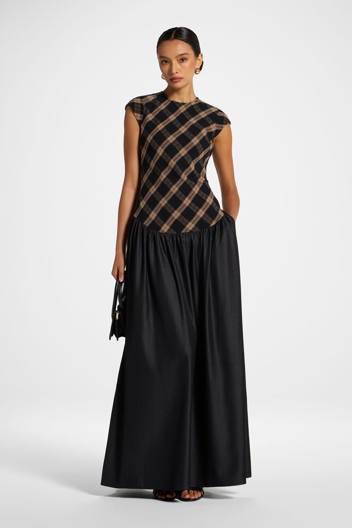 Plaid Bias Lace Up Dress - Black Denim