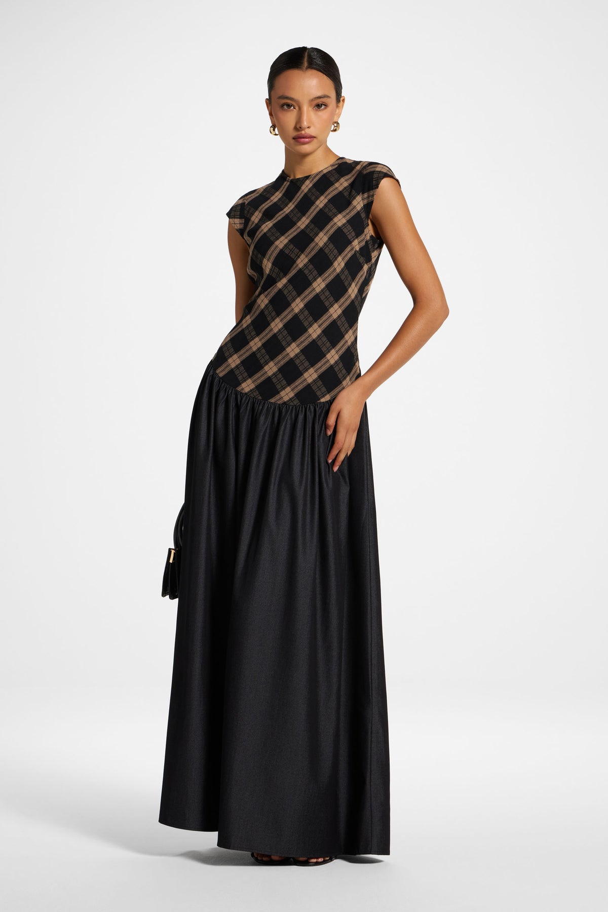 Plaid Bias Lace Up Dress - Black Denim