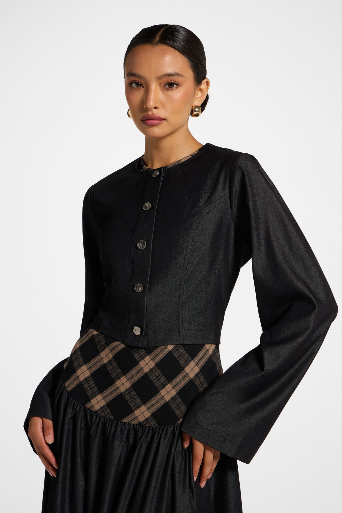 Plaid Bias Lace Up Dress - Black Denim