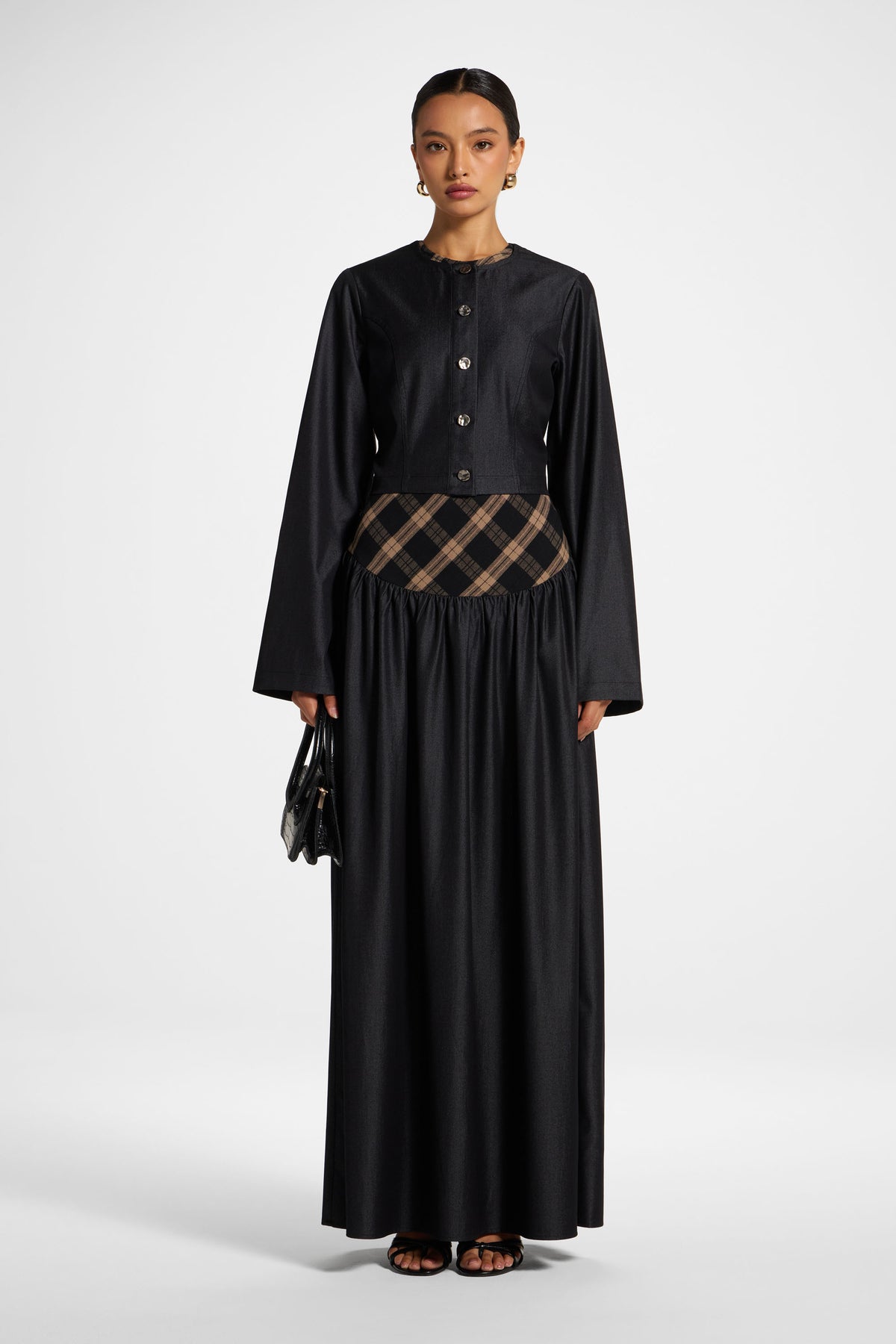 Plaid Bias Lace Up Dress - Black Denim