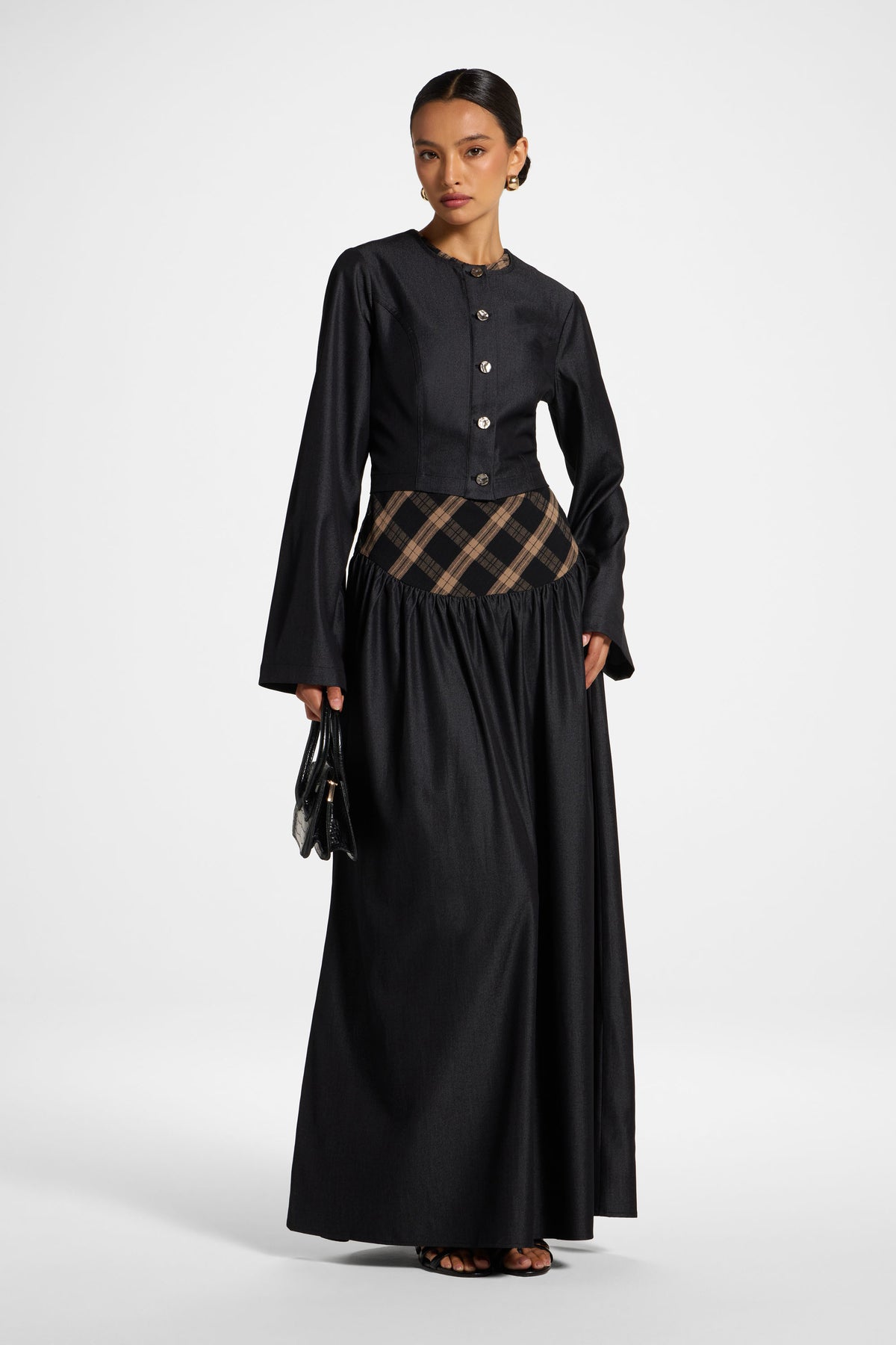 Plaid Bias Lace Up Dress - Black Denim