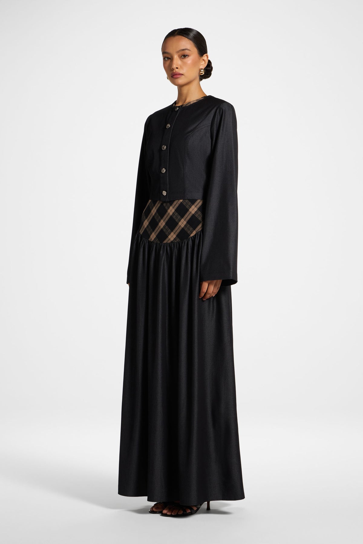 Plaid Bias Lace Up Dress - Black Denim