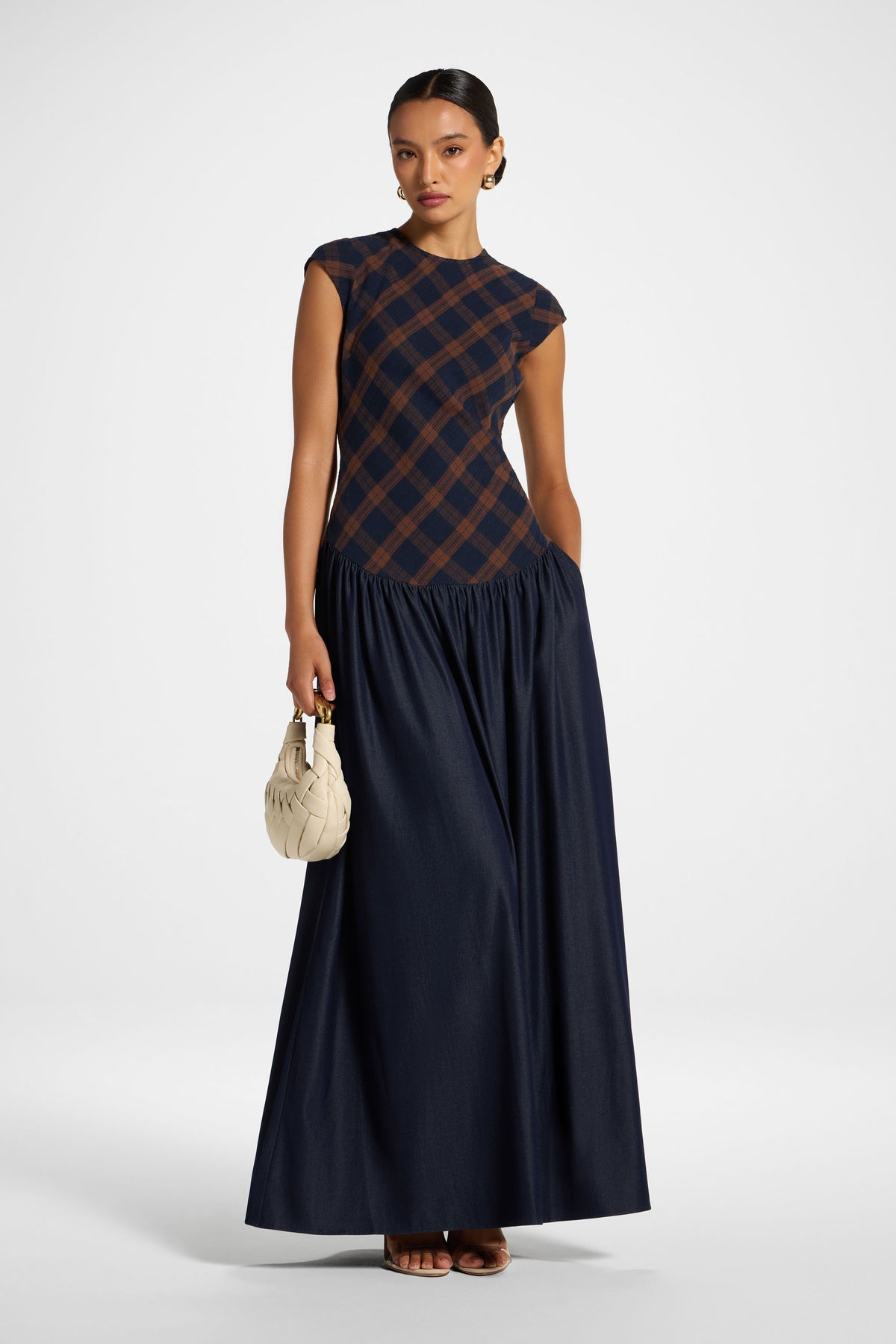 Plaid Bias Lace Up Dress - Blue Brown