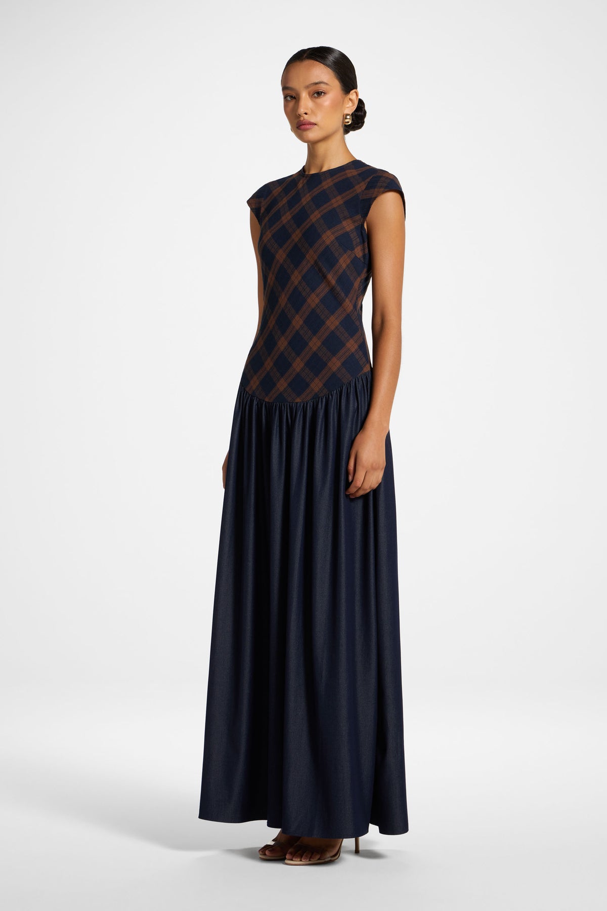 Plaid Bias Lace Up Dress - Blue Brown