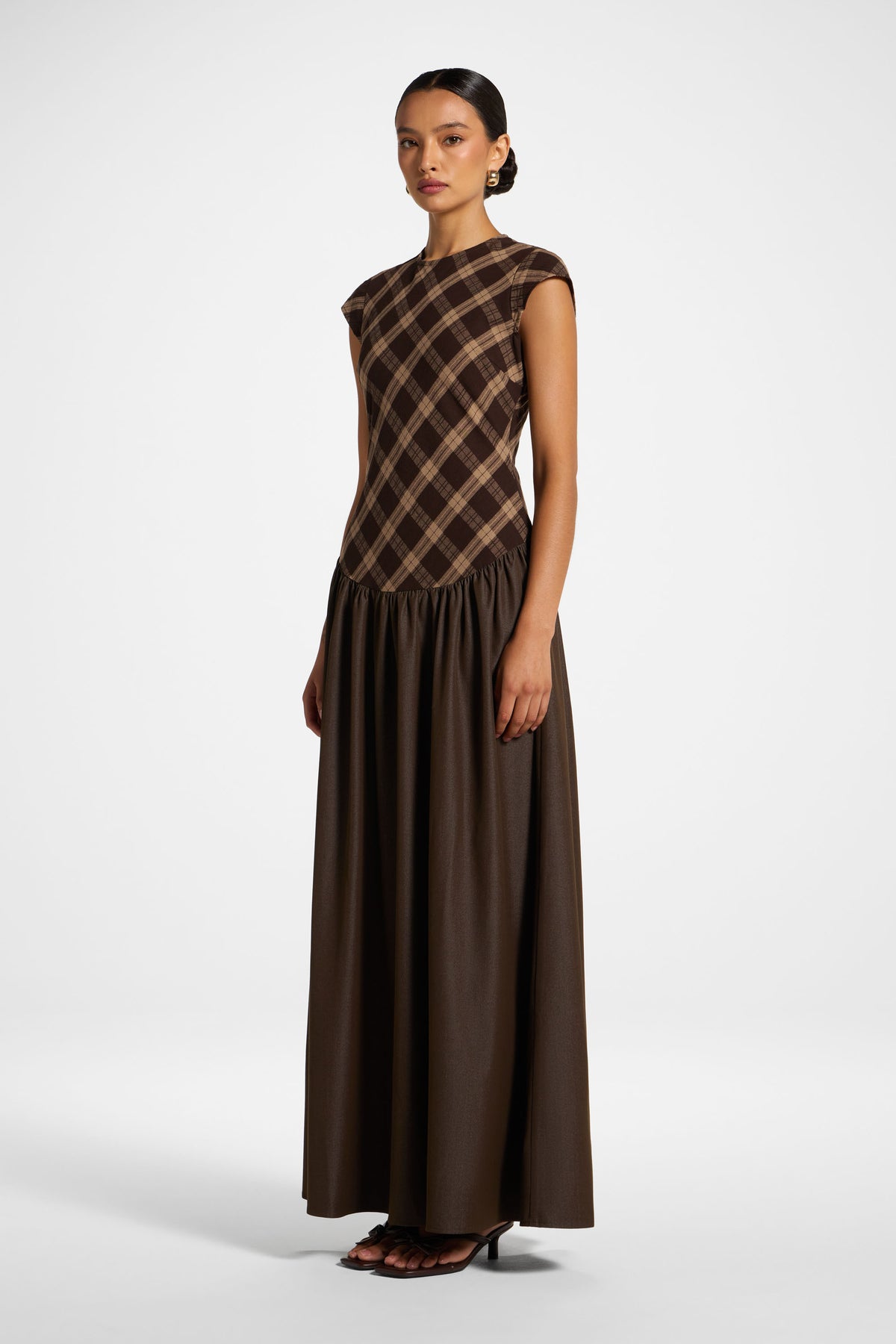 Plaid Bias Lace Up Dress - Brown