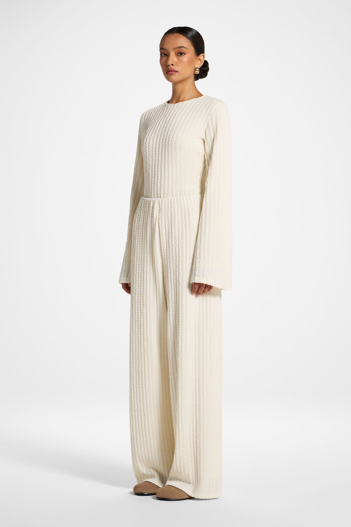 Cotton Blend Wide Leg Pants - Sand