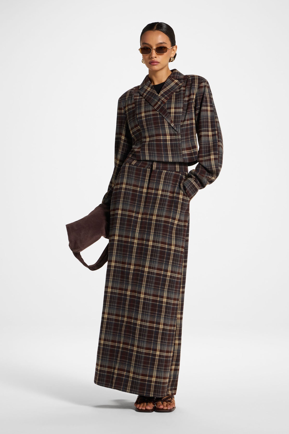 Brushed Plaid Cropped Jacket - Midnight Espresso