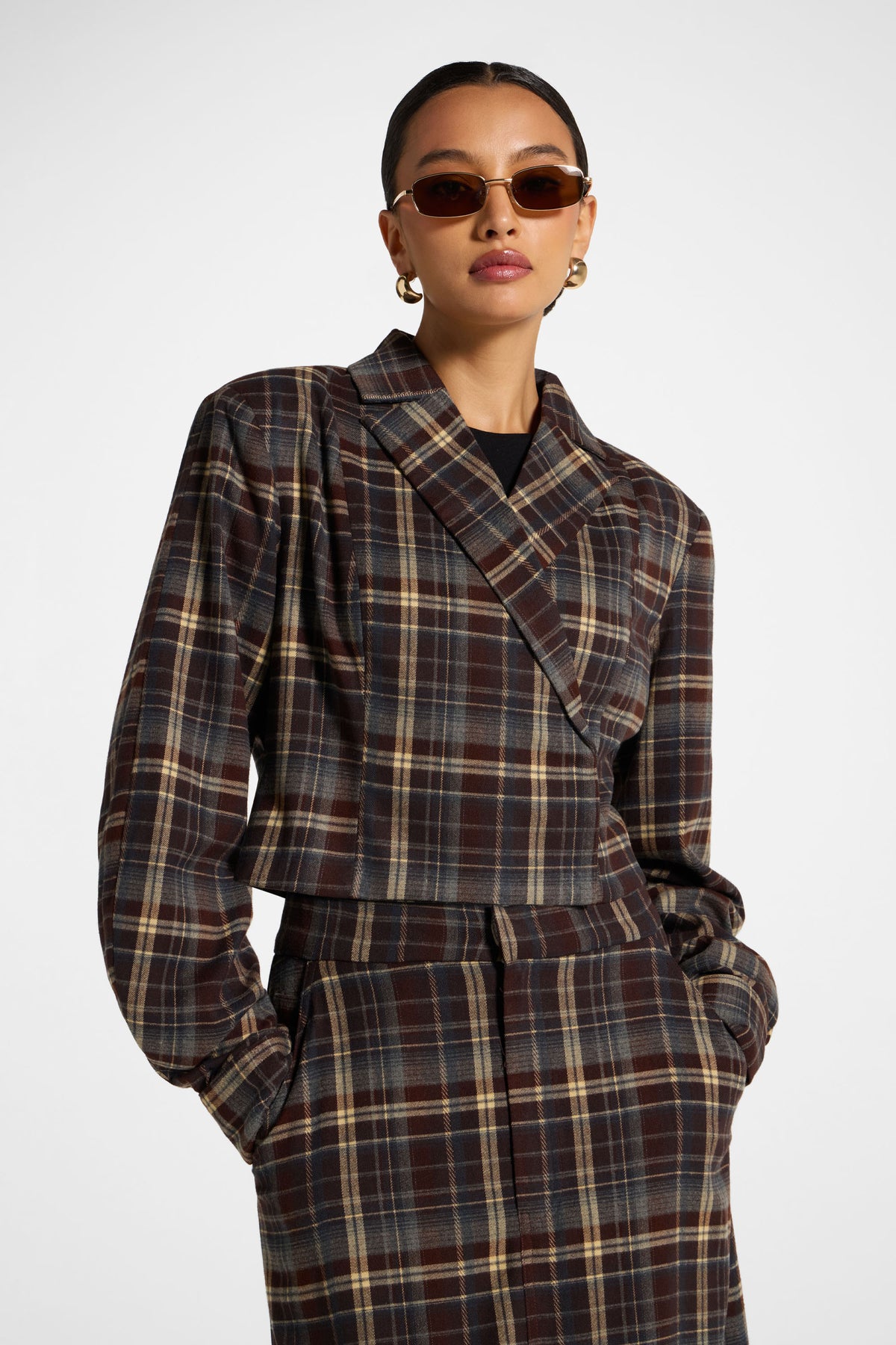 Brushed Plaid Cropped Jacket - Midnight Espresso