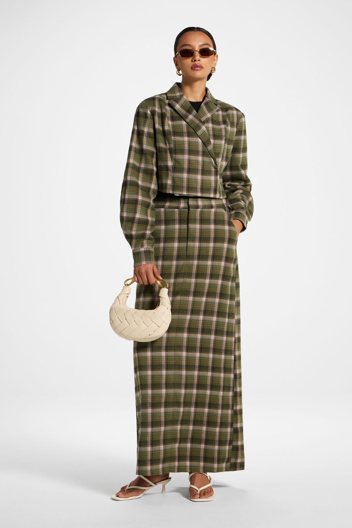 Brushed Plaid Cropped Jacket - Olive Rose
