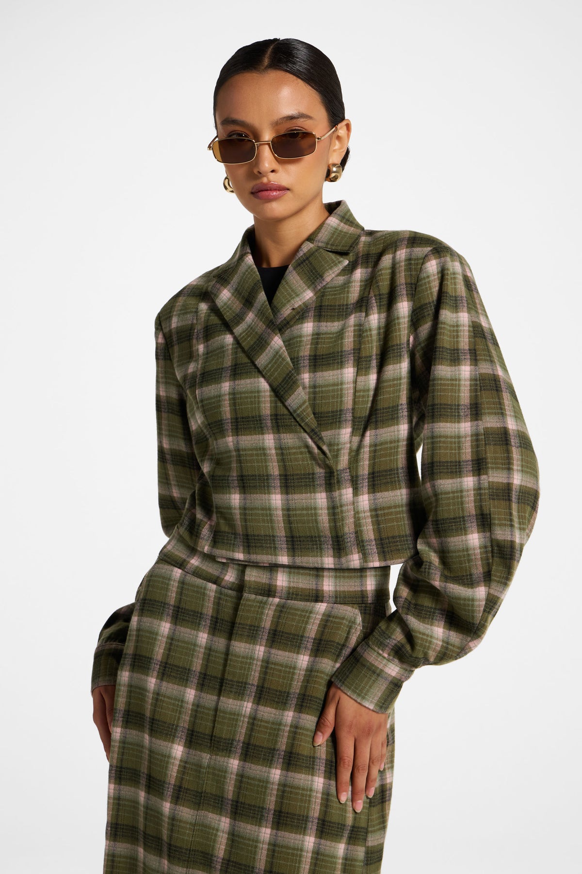 Brushed Plaid Cropped Jacket - Olive Rose