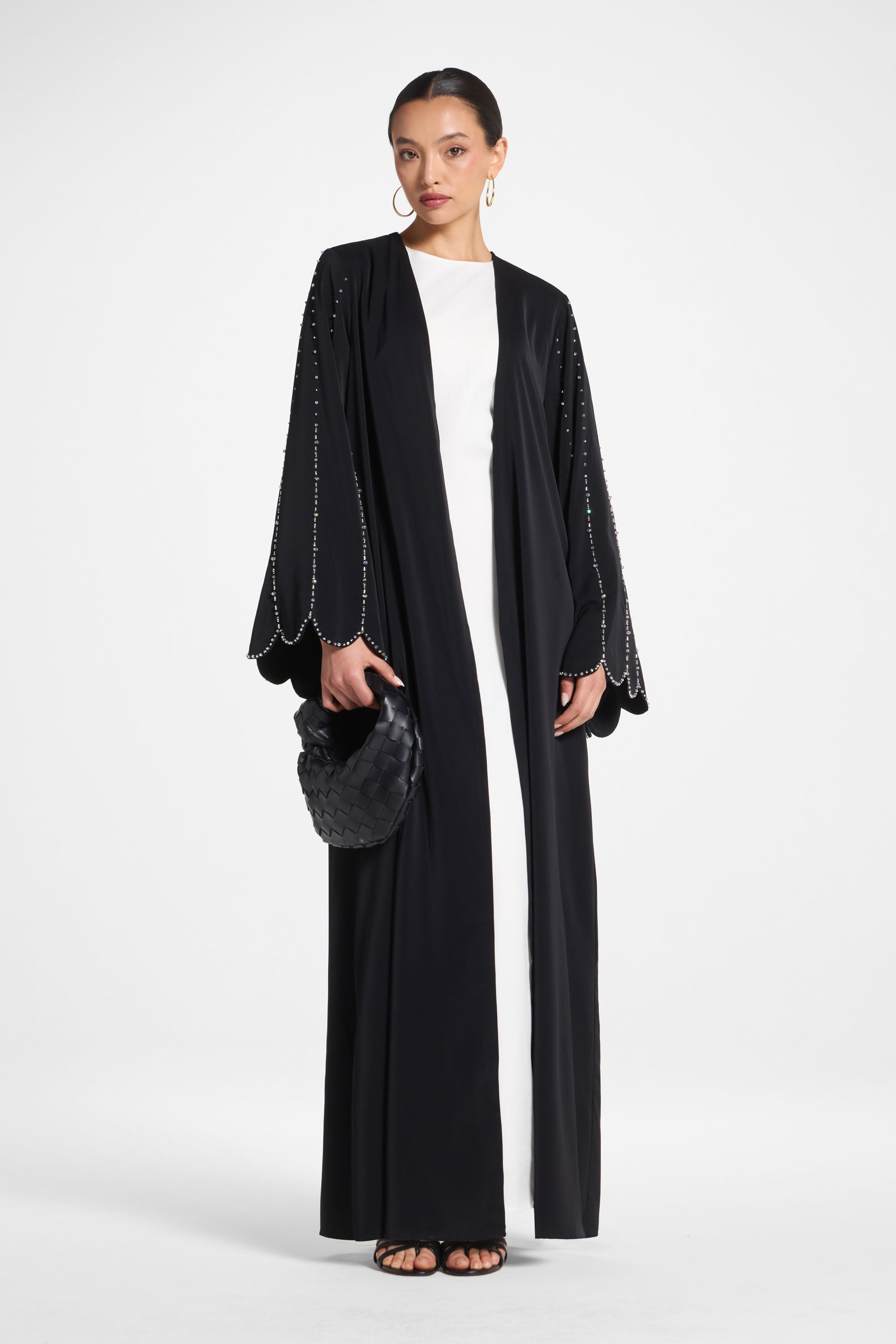 Nada Embellished Open Abaya - Black