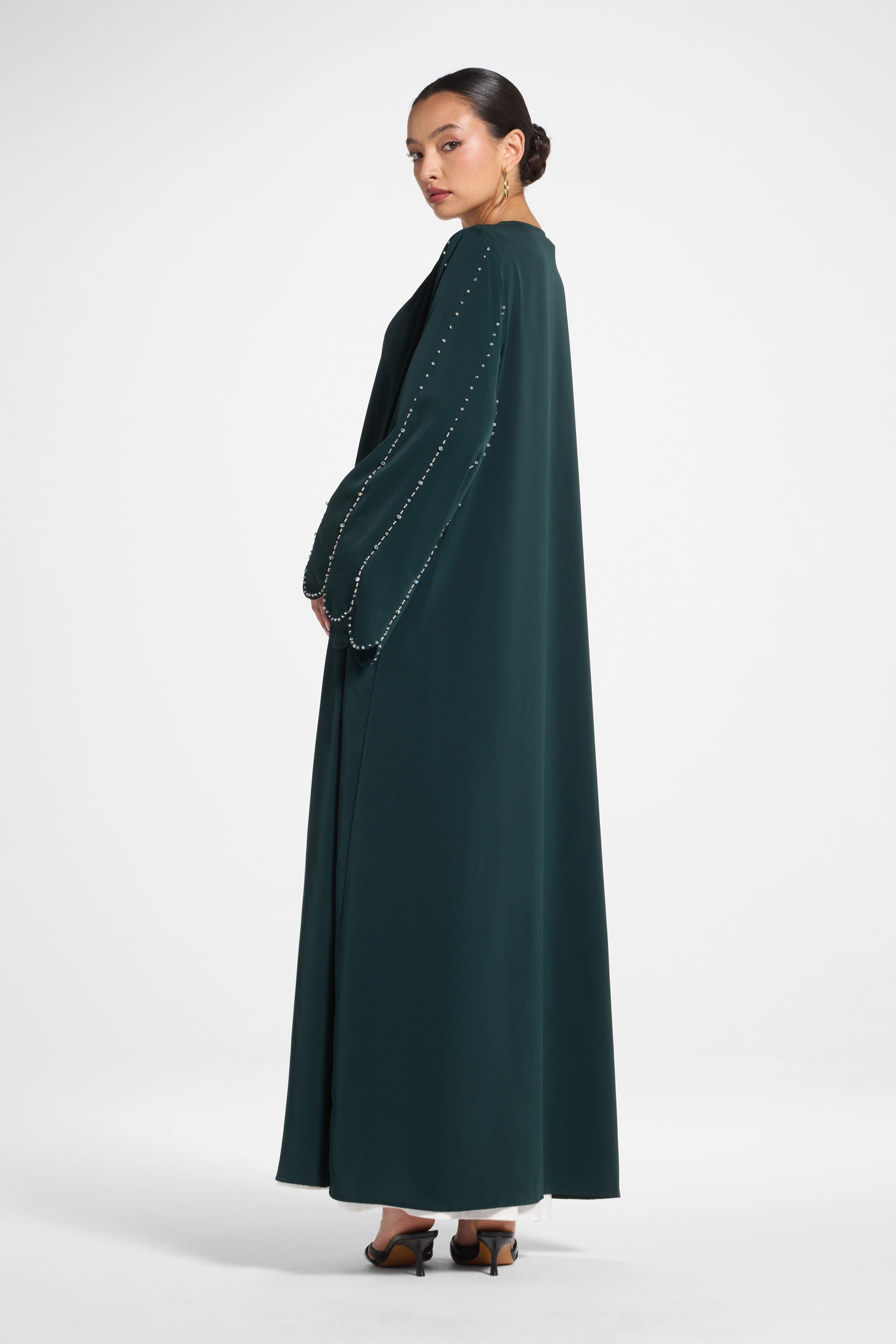 Nada Embellished Open Abaya - Emerald