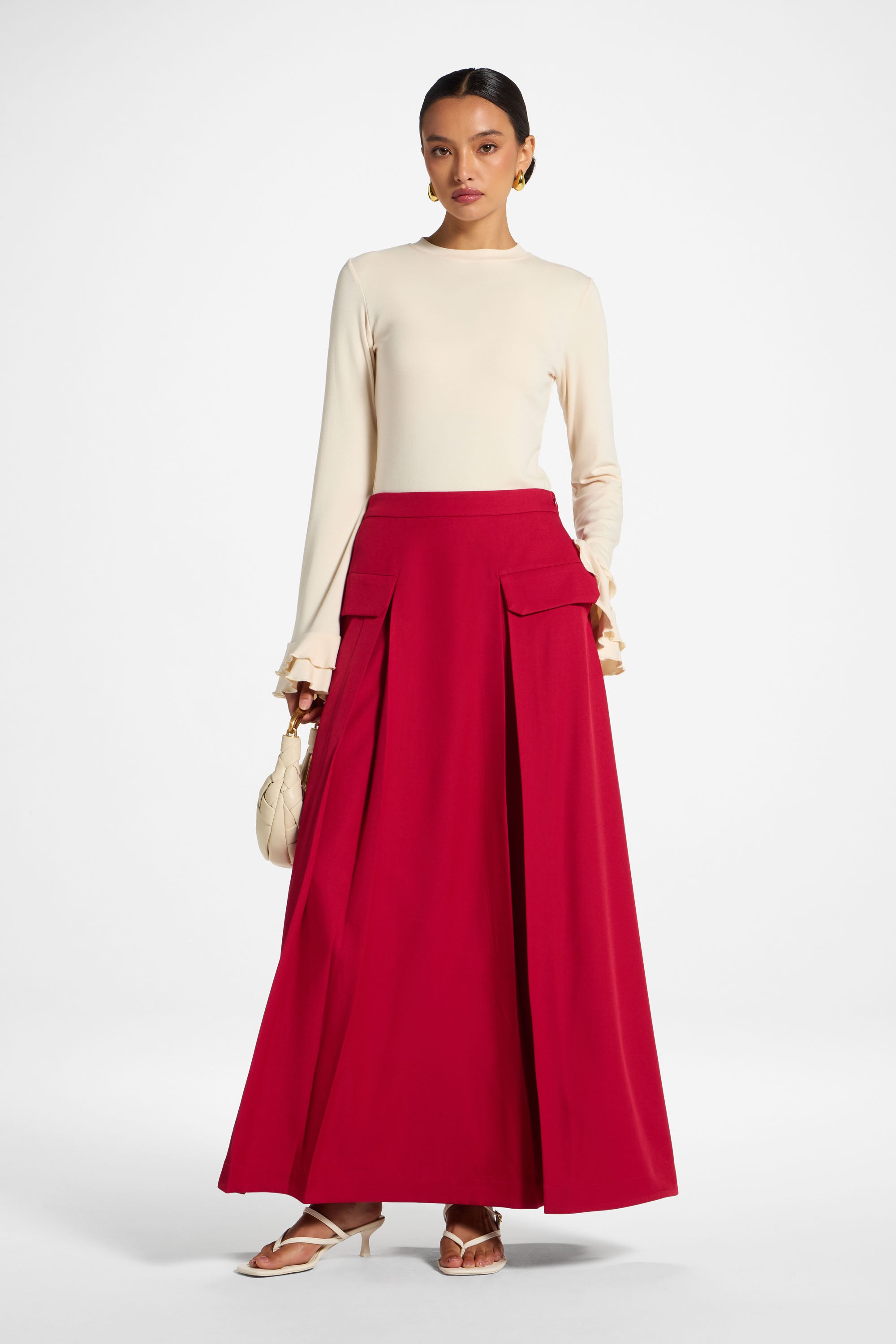 Pleated Maxi Skirt - Cherry