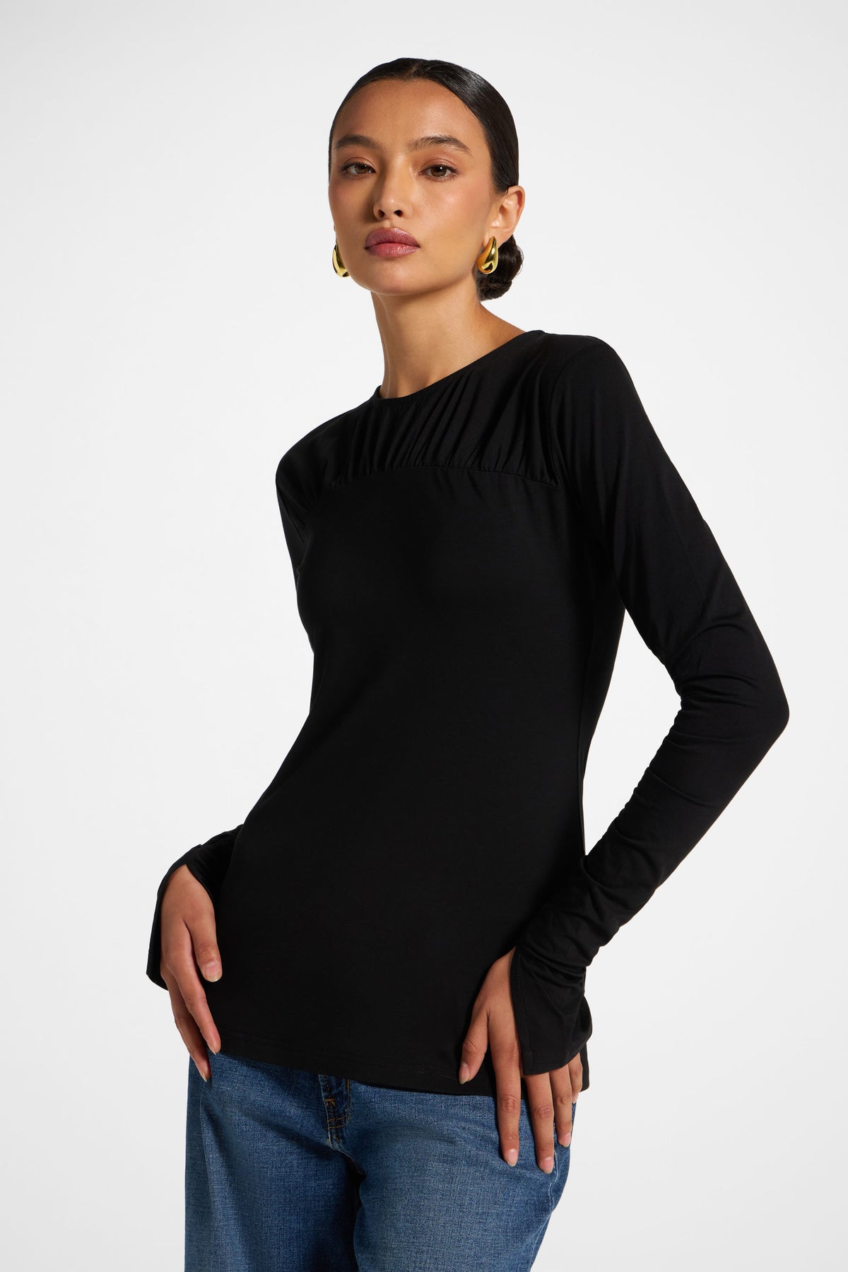 Ruched Sleeve Top - Black