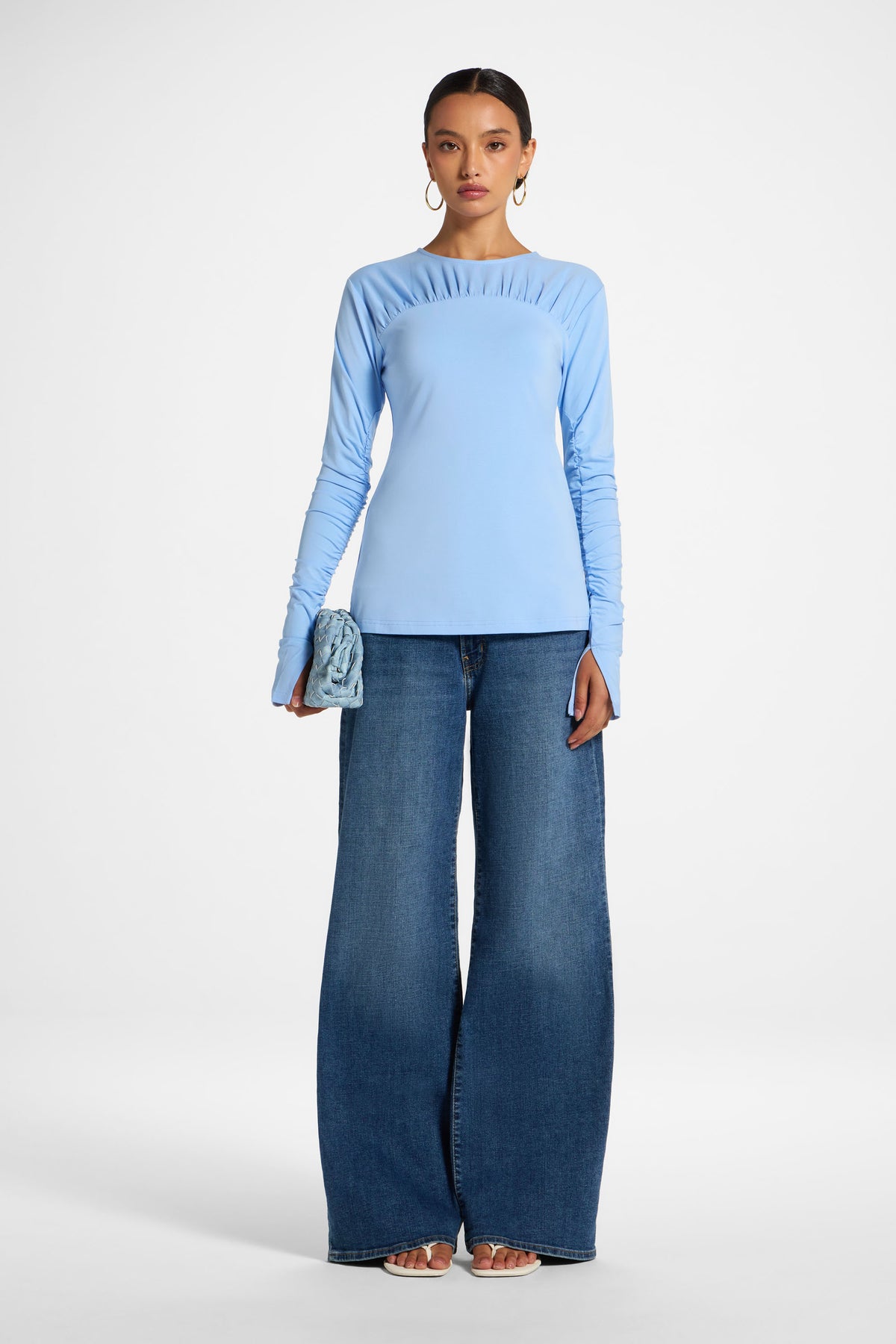 Ruched Sleeve Top - Sky