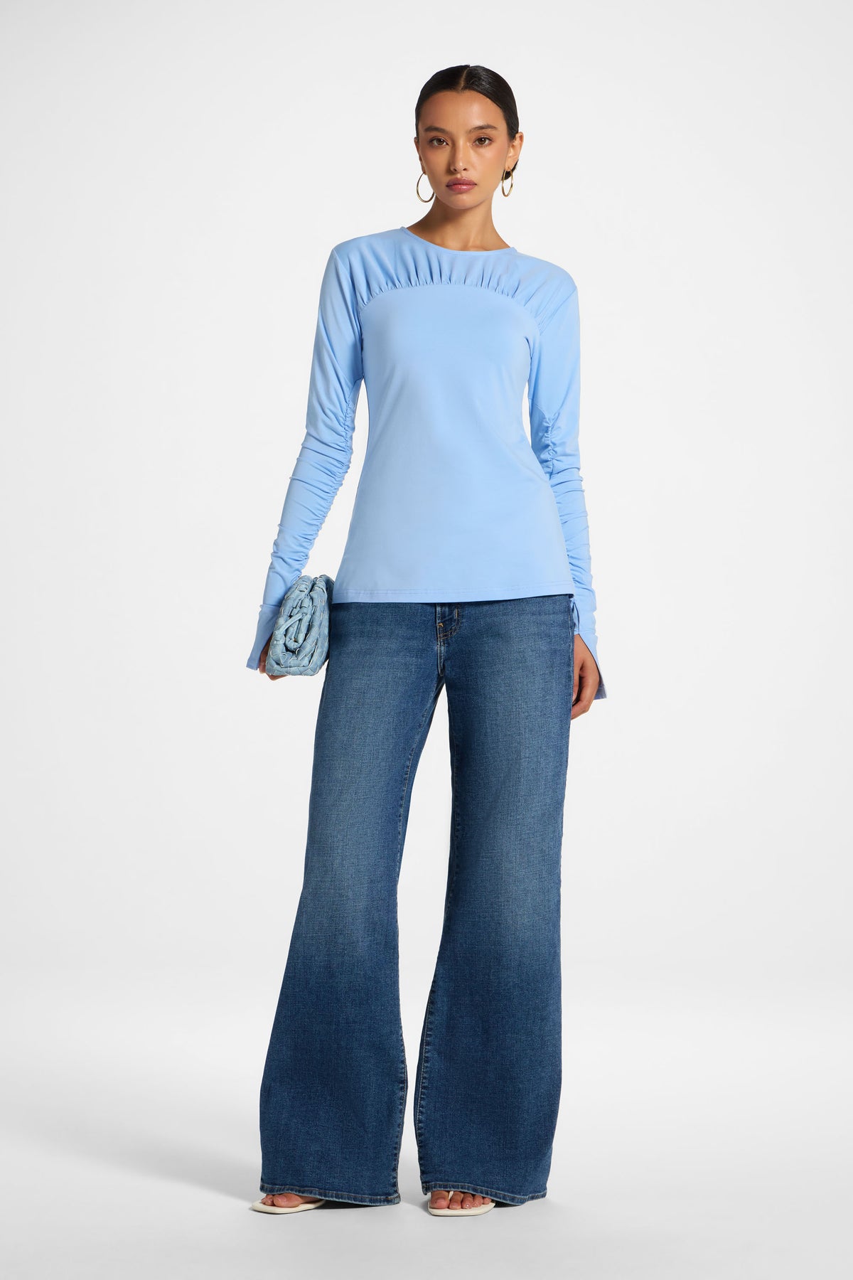 Ruched Sleeve Top - Sky