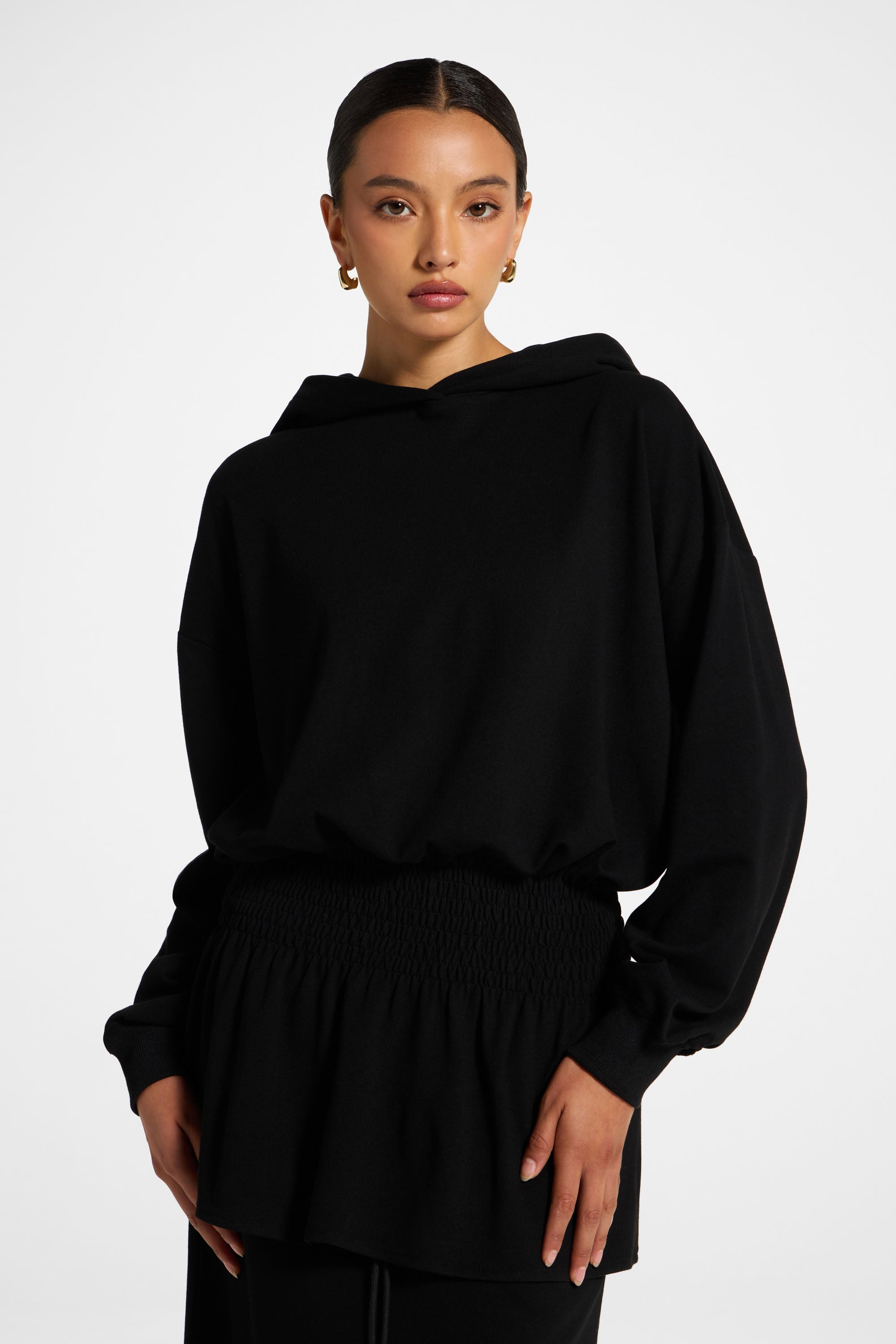 Smocked Cotton Hoodie - Black