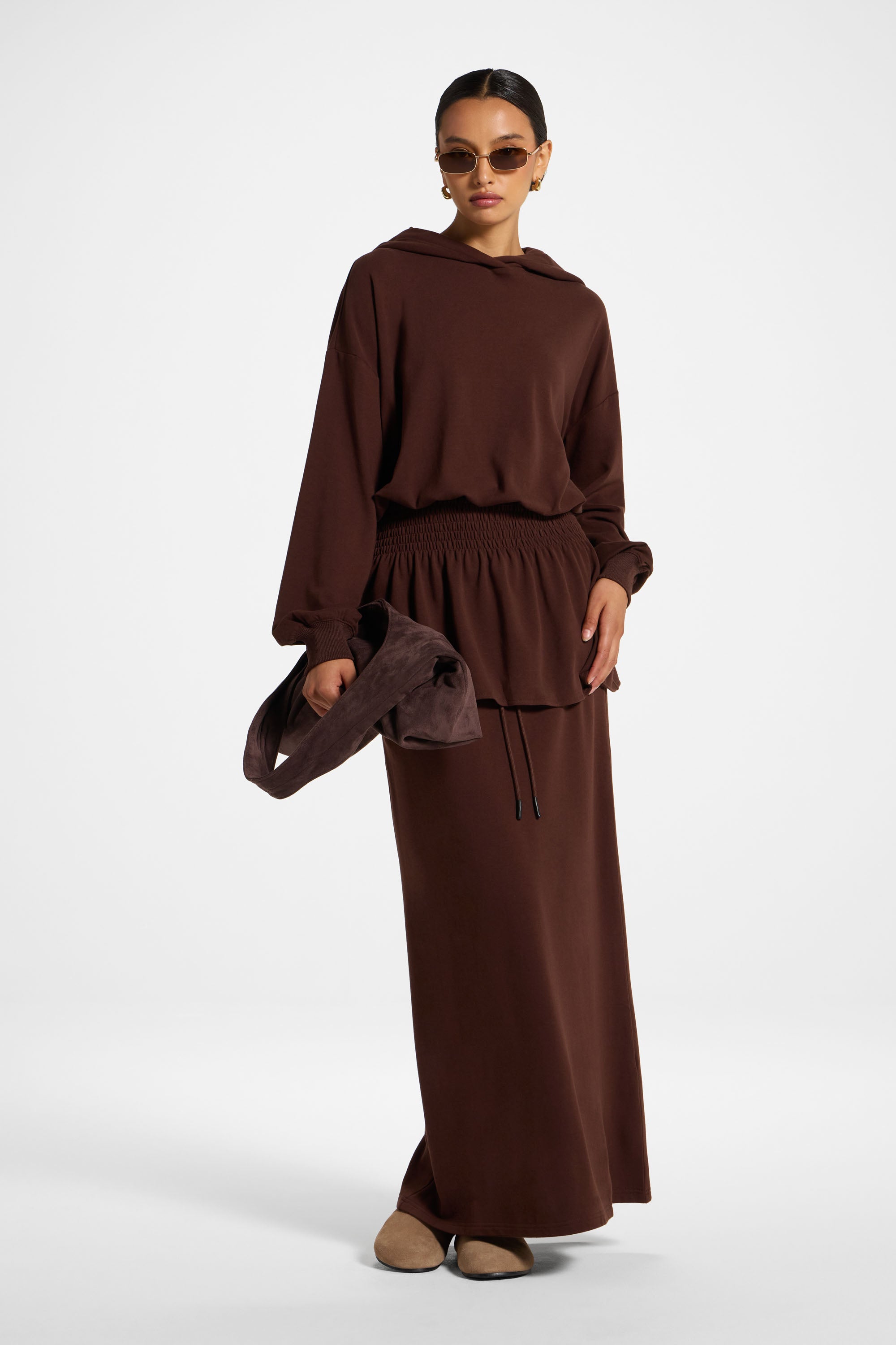 Smocked Cotton Hoodie - Chocolate