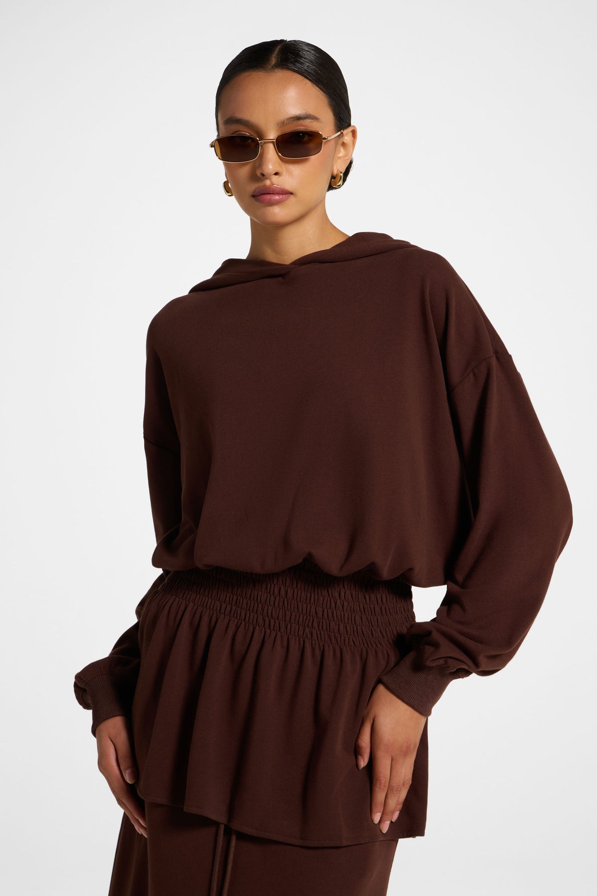 Smocked Cotton Hoodie - Chocolate