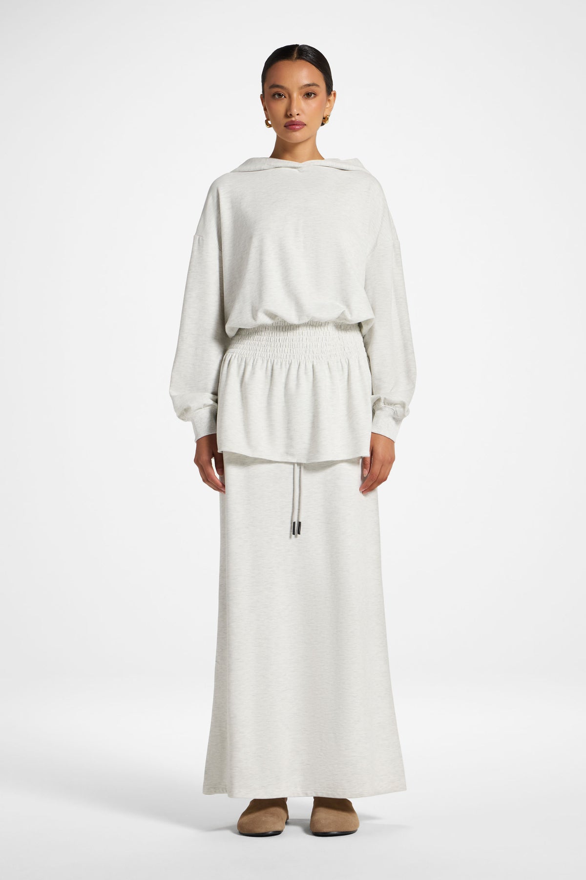Smocked Cotton Hoodie - Light Heather