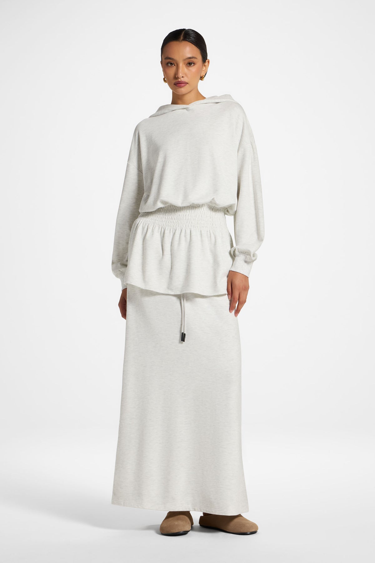 Smocked Cotton Hoodie - Light Heather