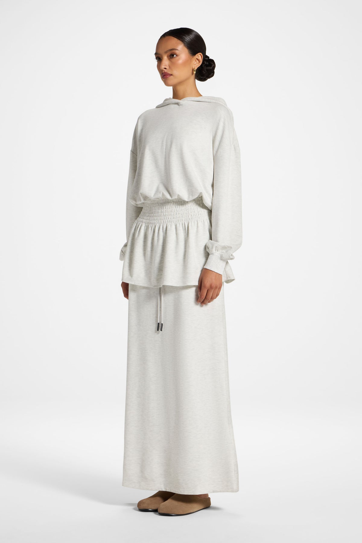 Smocked Cotton Hoodie - Light Heather