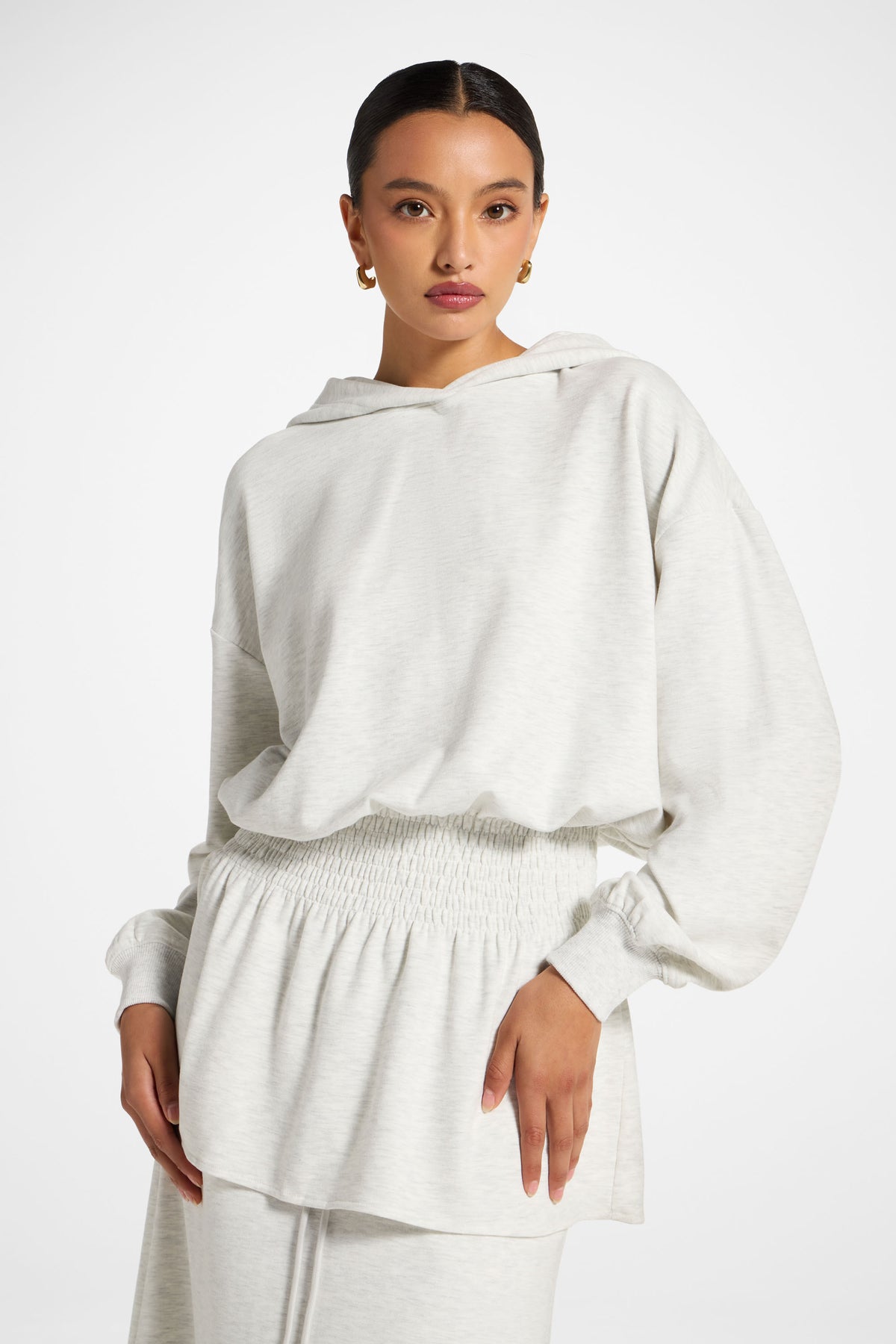 Smocked Cotton Hoodie - Light Heather
