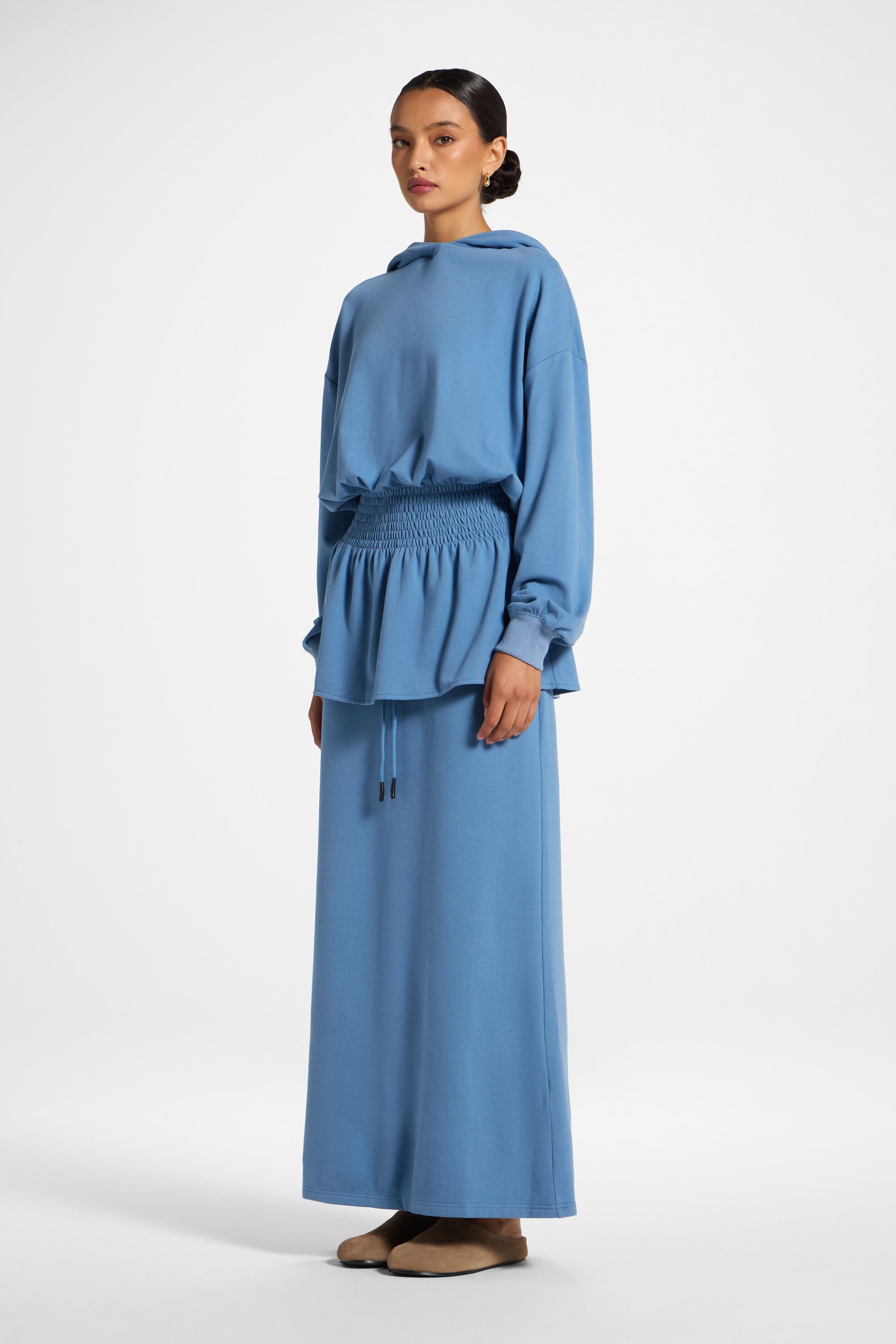 Smocked Cotton Hoodie - Sky