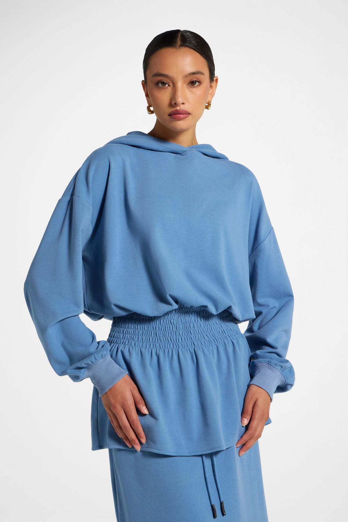 Smocked Cotton Hoodie - Sky