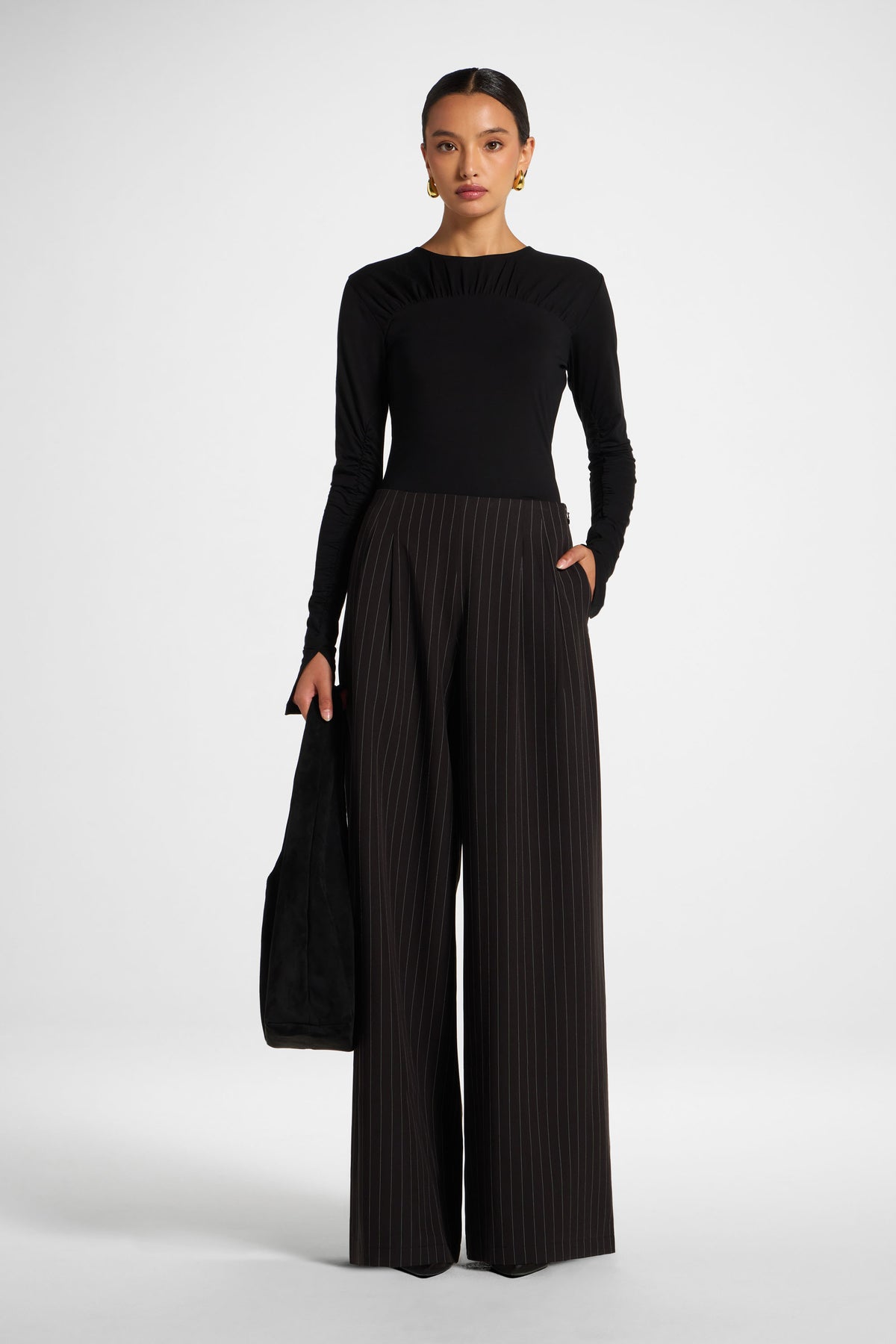 Stripe Pleat Wide Leg Pant - Black
