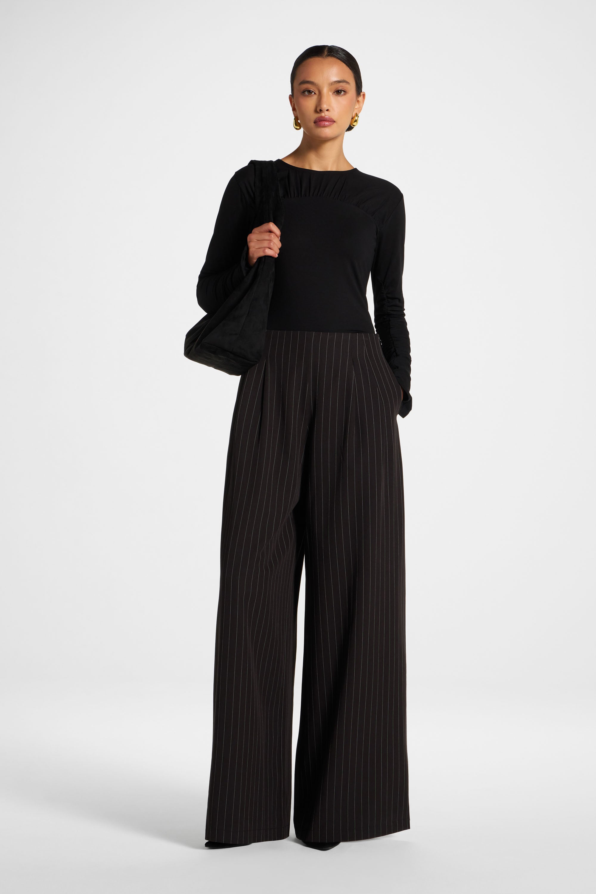 Stripe Pleat Wide Leg Pant - Black