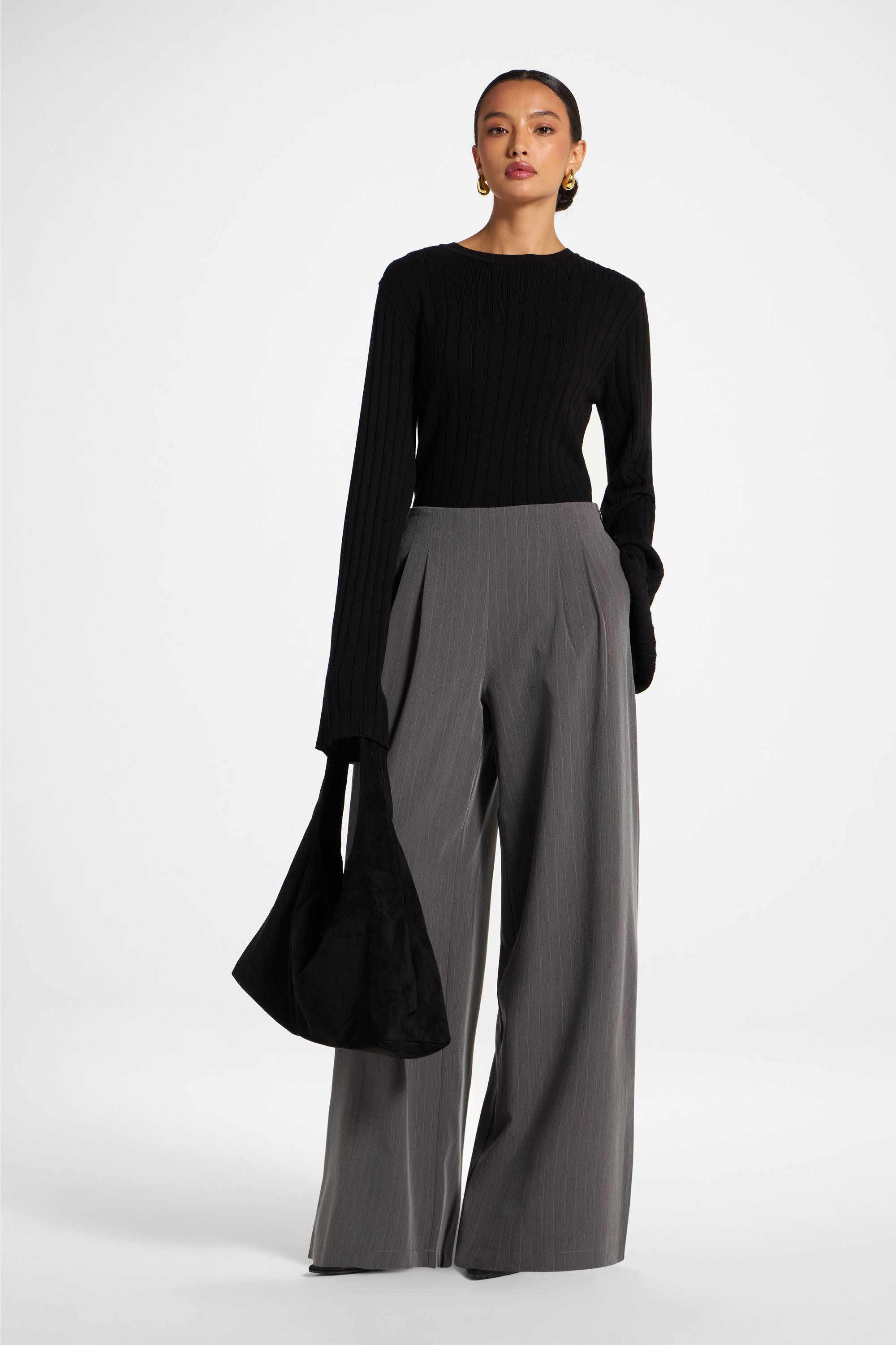 Stripe Pleat Wide Leg Pant - Charcoal