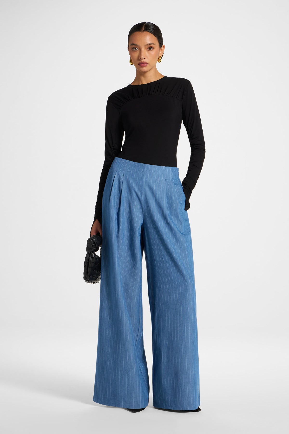 Stripe Pleat Wide Leg Pant - Denim