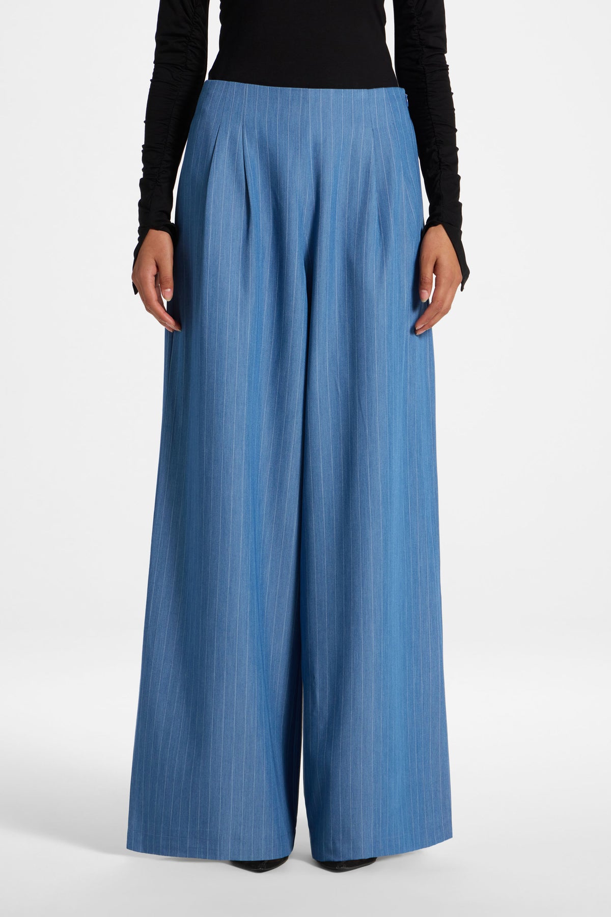 Stripe Pleat Wide Leg Pant - Denim