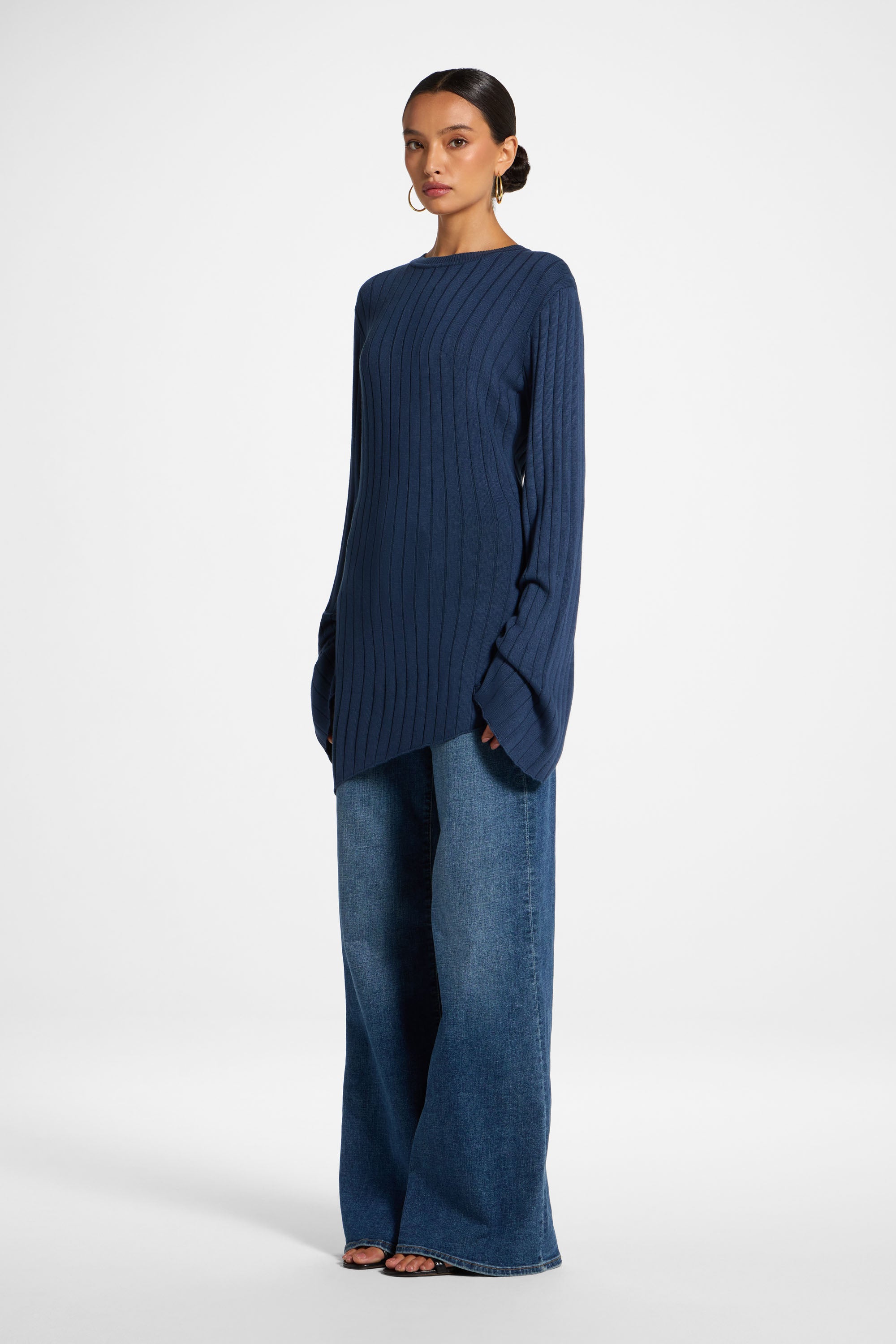 Viscose Rib Knit Tie Back Top - Deep Denim