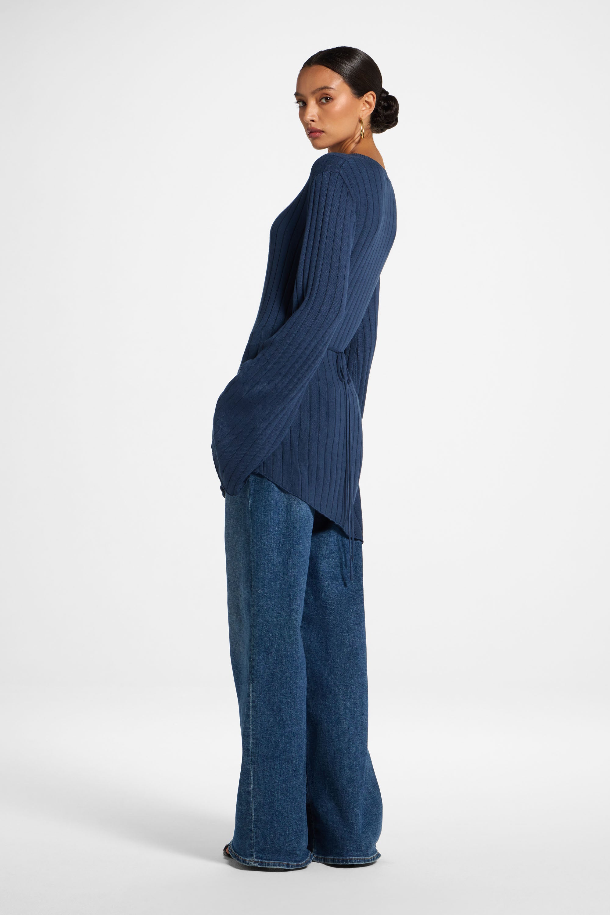 Viscose Rib Knit Tie Back Top - Deep Denim