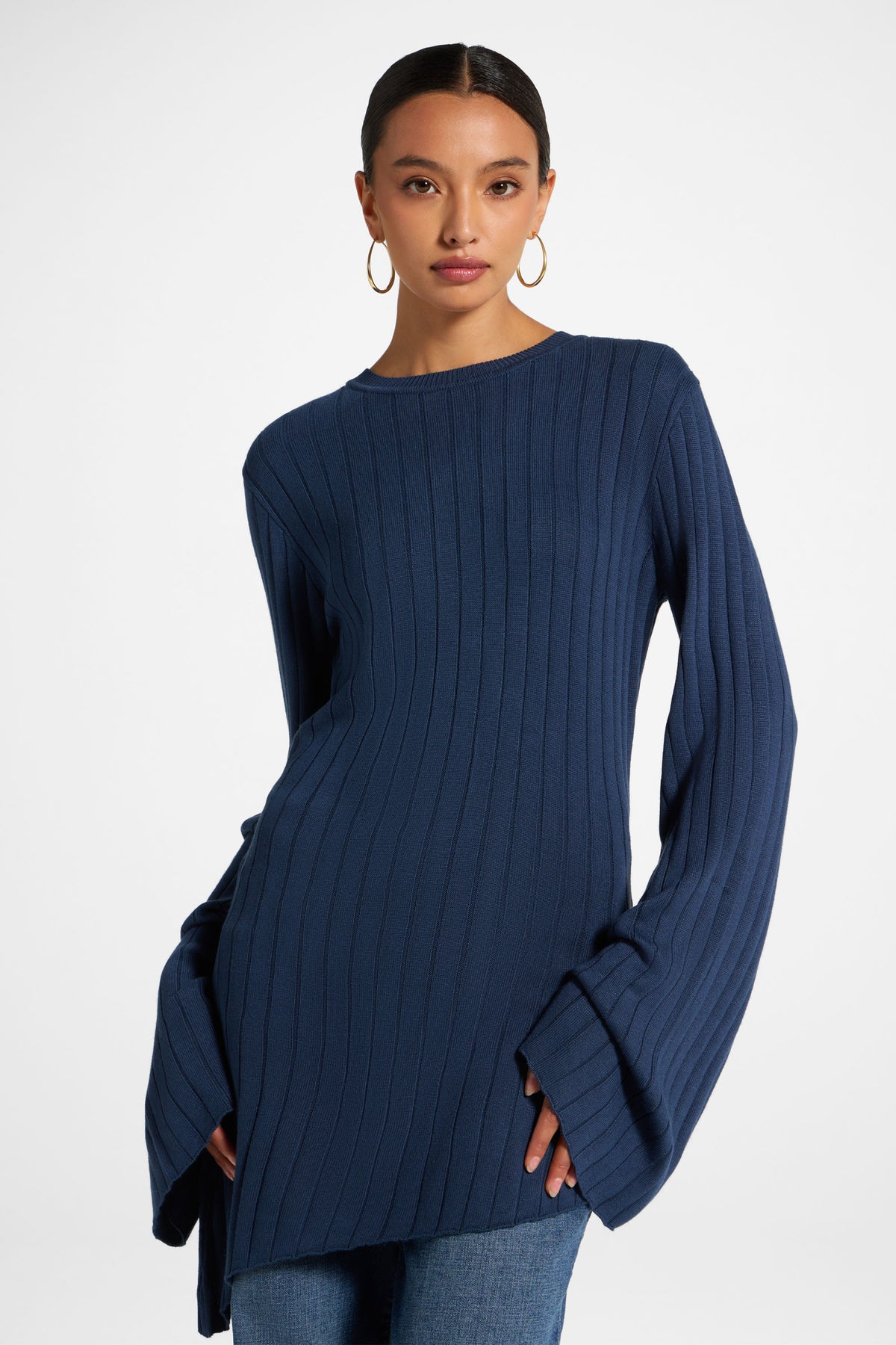Viscose Rib Knit Tie Back Top - Deep Denim