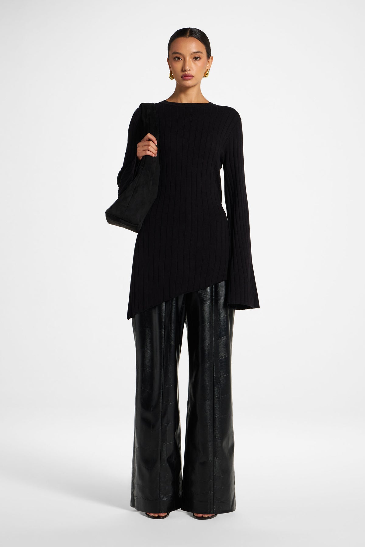 Viscose Rib Knit Tie Back Top - Black