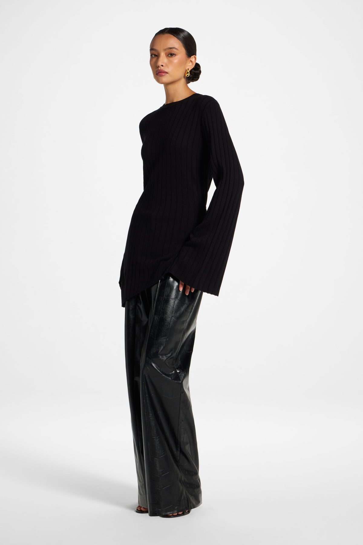 Viscose Rib Knit Tie Back Top - Black