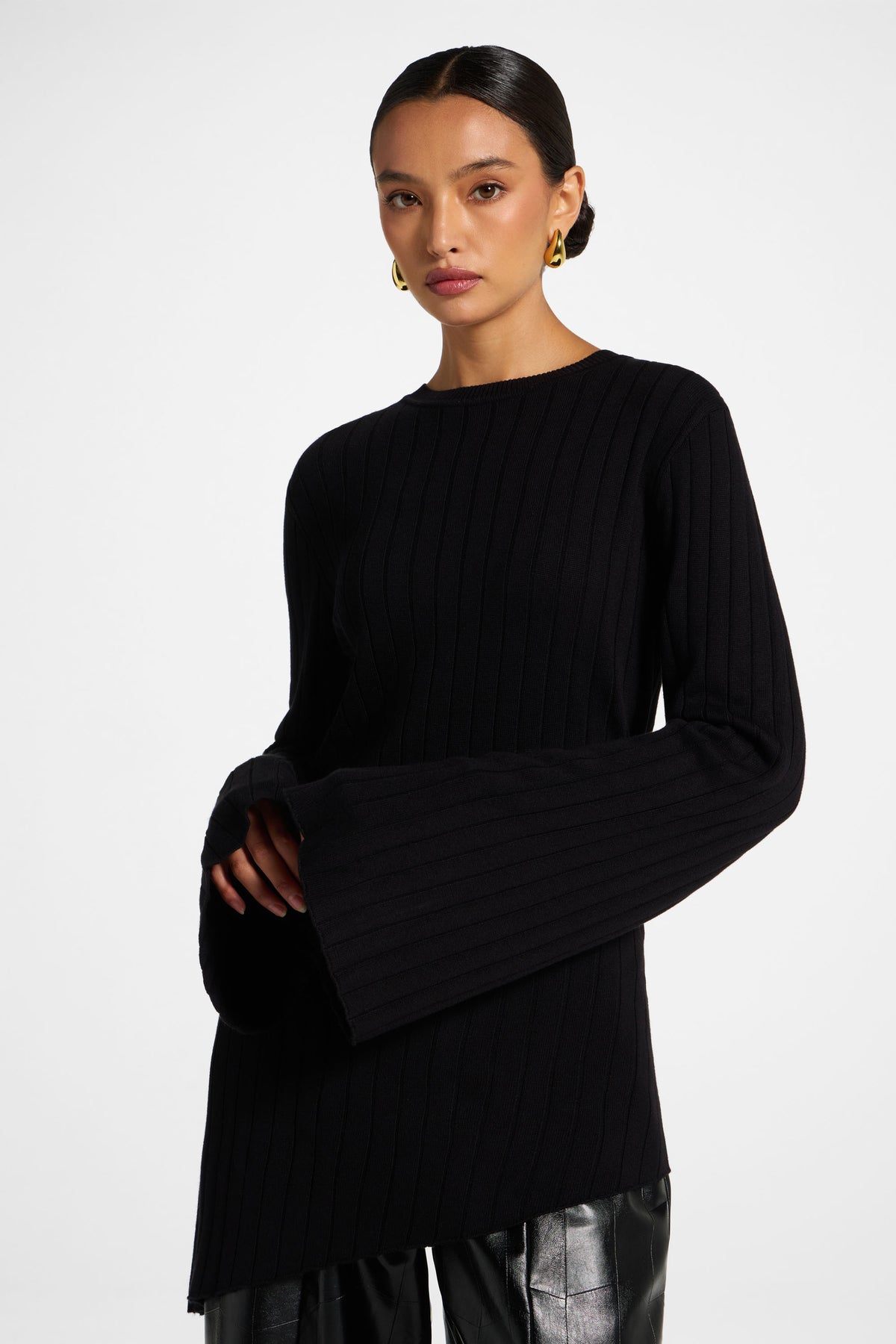 Viscose Rib Knit Tie Back Top - Black