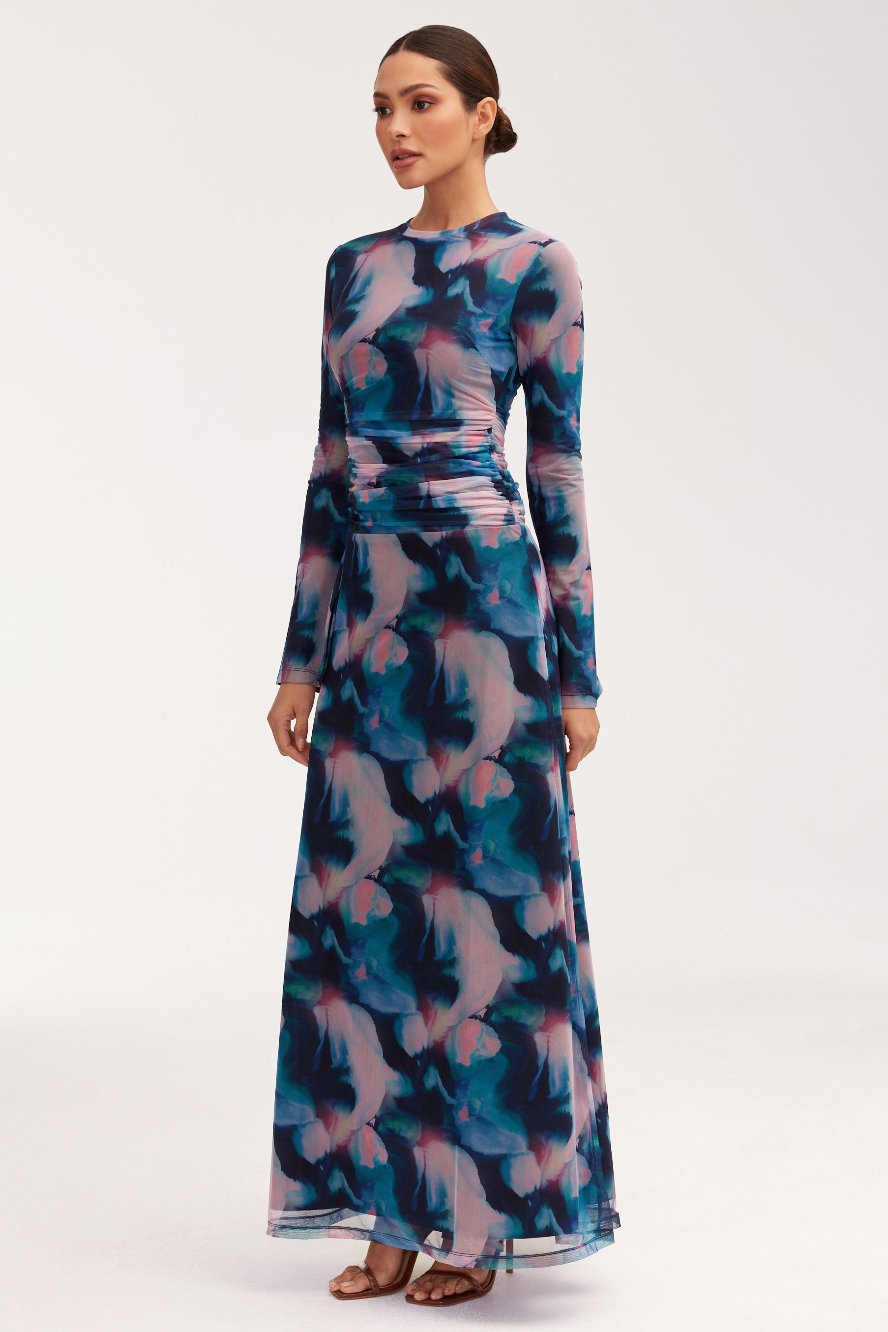 Adelina Rouched Mesh Maxi Dress - Blue Tie Dye Dresses Veiled 