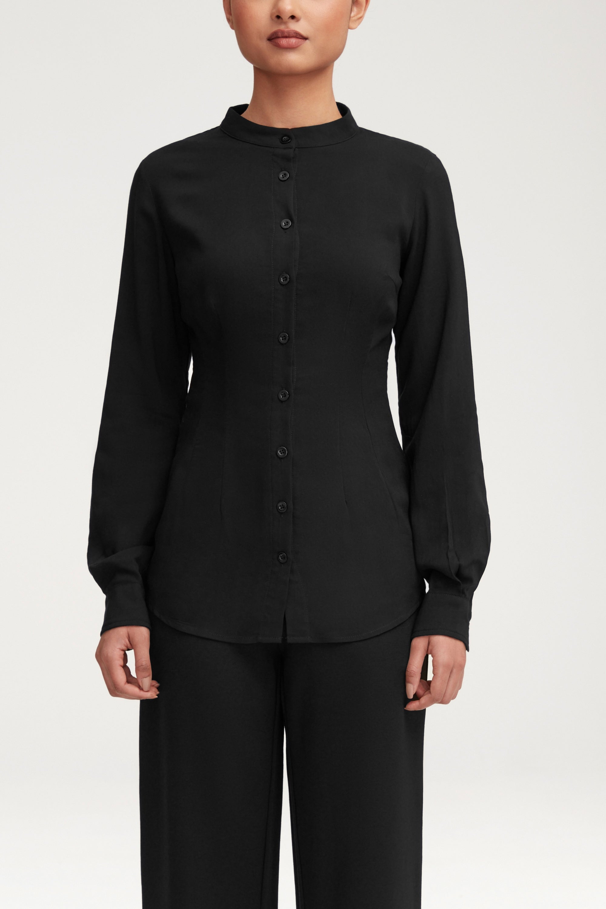 Adina Fitted Button Down Top - Black Clothing Veiled 